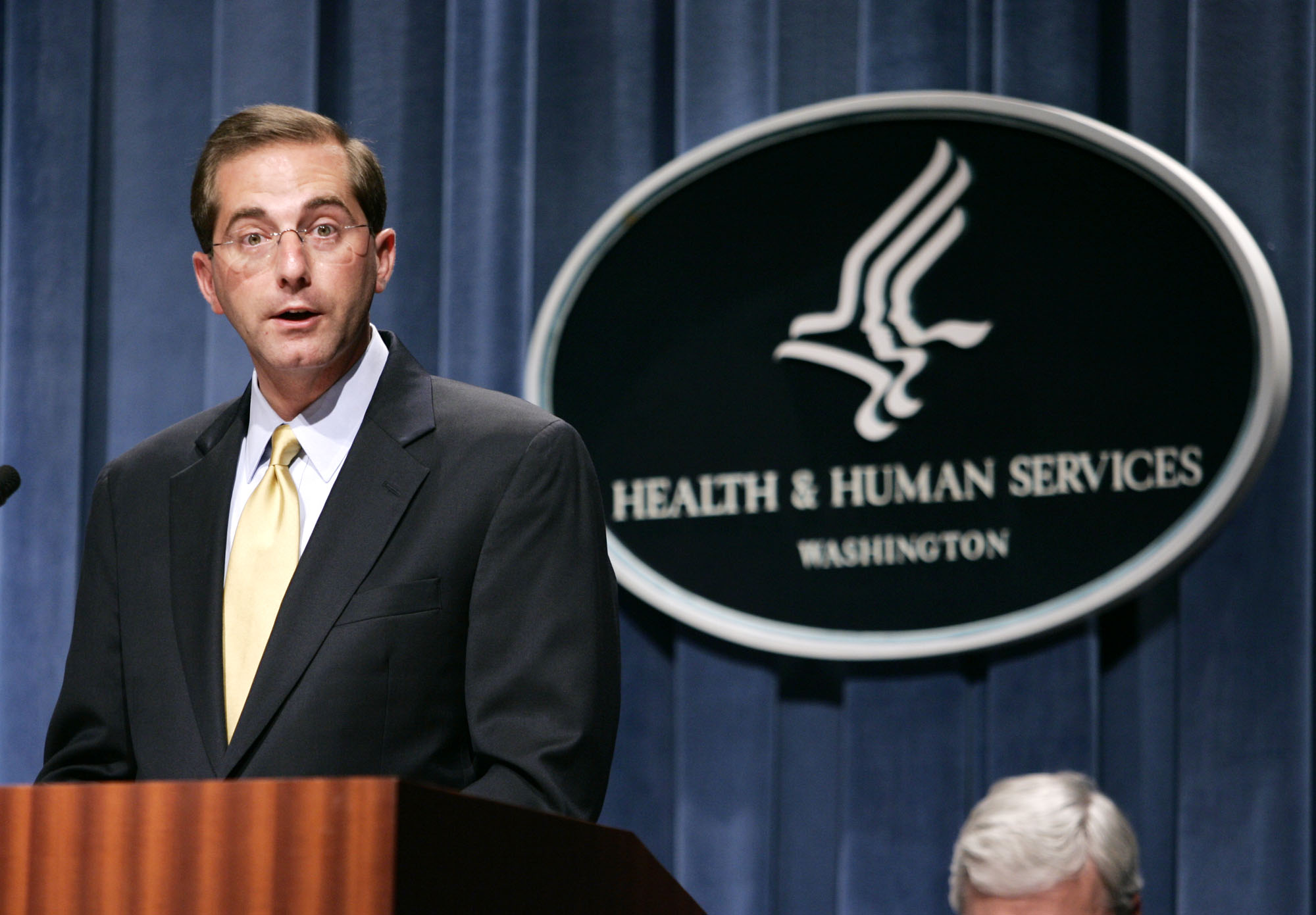 Deputy Health and Human Services Secretary Alex Azar meets reporters at the HHS Department in Washington, Thursday, June 8, 2006. CREDIT: AP Photo/Evan Vucci
