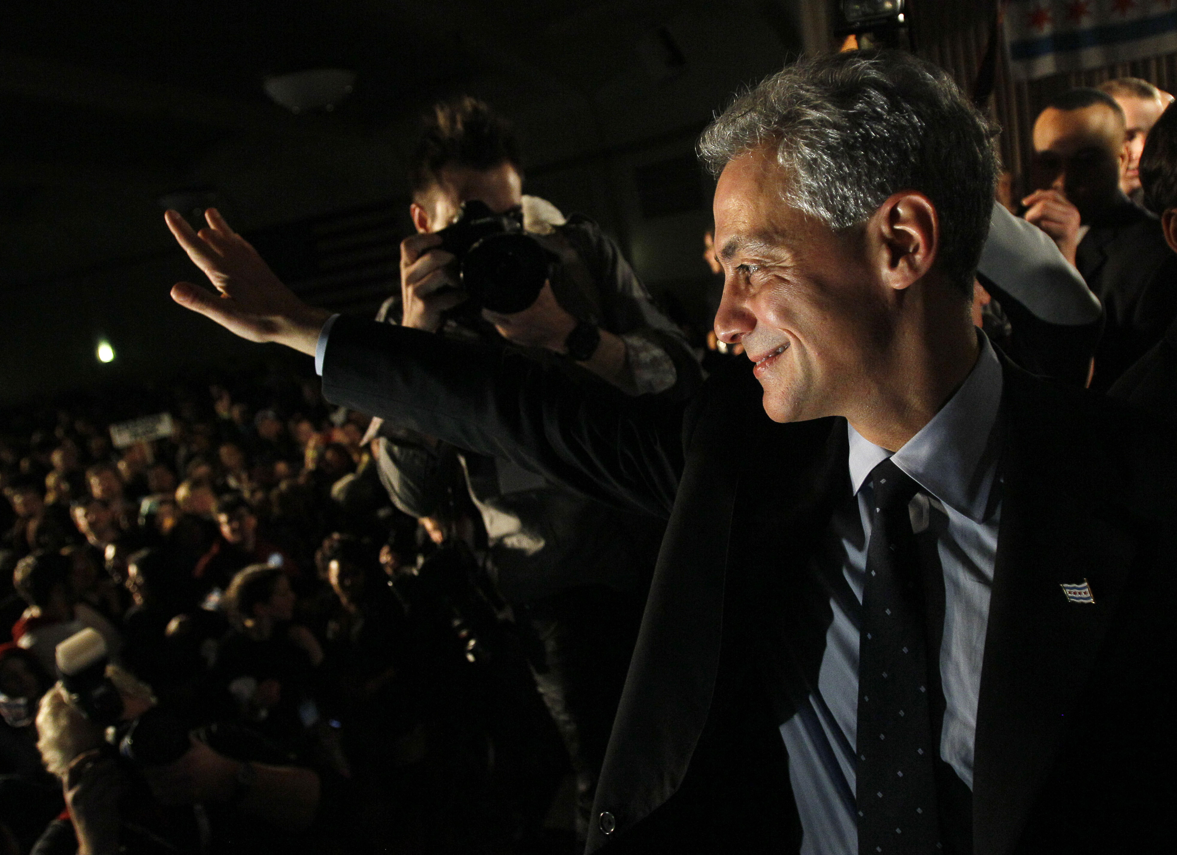 Former White House Chief of Staff Rahm Emanuel smiles at the crowd after winning the mayoral race, Feb. 22, 2011 in Chicago. (CREDIT: AP Photo/Charles Rex Arbogast)