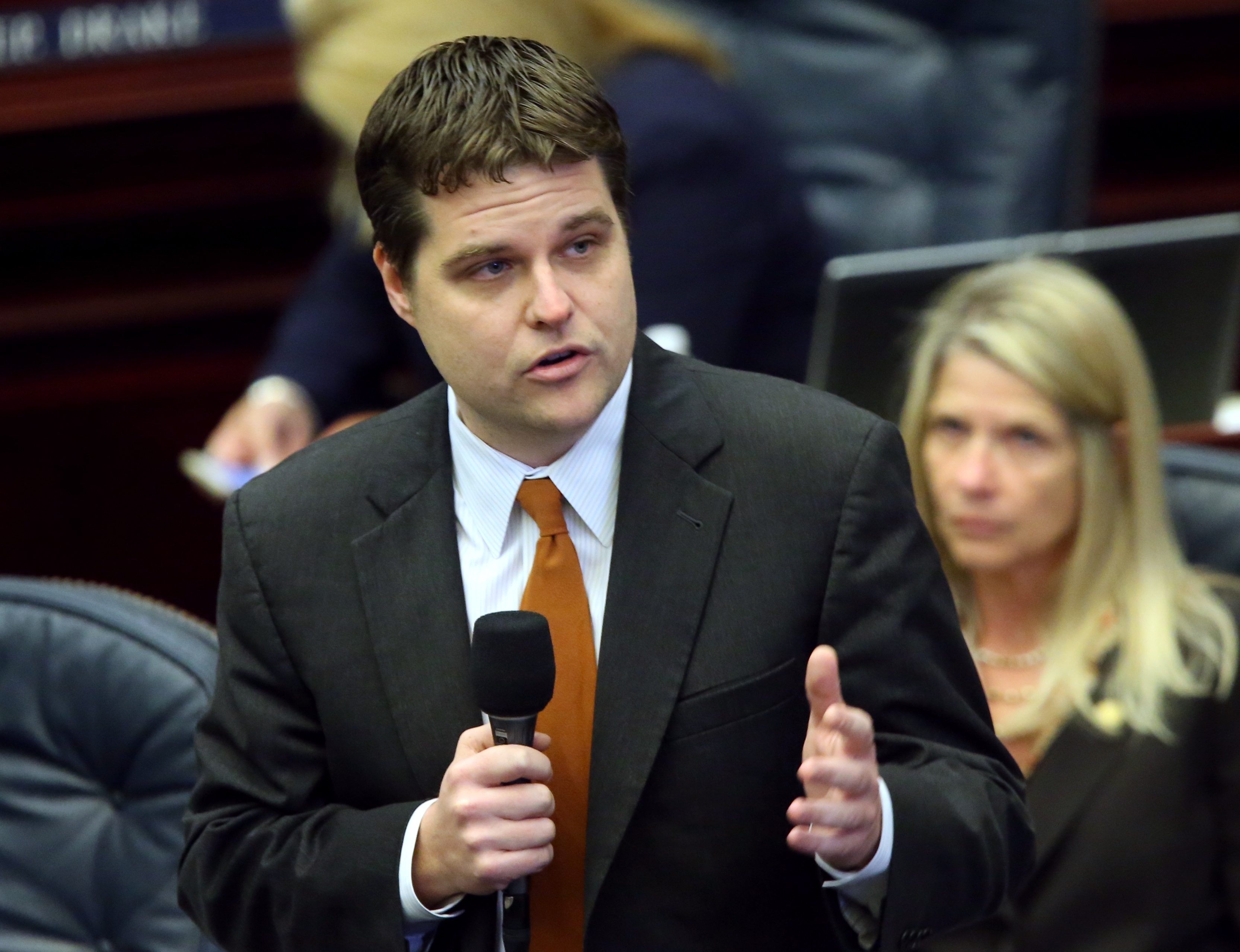 Rep. Matt Gaetz, R-Fort Walton Beach, speaks during the legislative session in Tallahassee, Fla. Gaetz and eight other Republican candidates in the Panhandle are seeking to succeed U.S. Rep. Jeff Miller who is retiring after eight terms. (AP Photo/Steve Cannon, File)