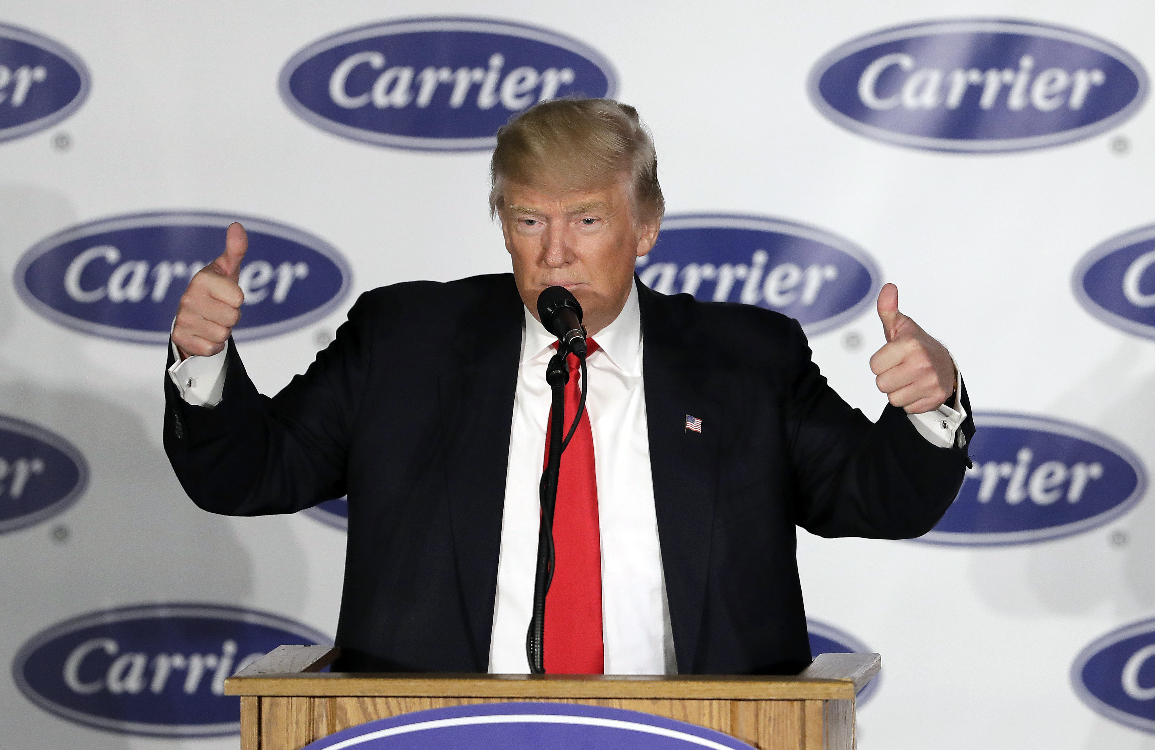 President Trump speaks to Carrier employees in Indianapolis, December 1, 2016. (CREDIT: AP Photo/Darron Cummings)
