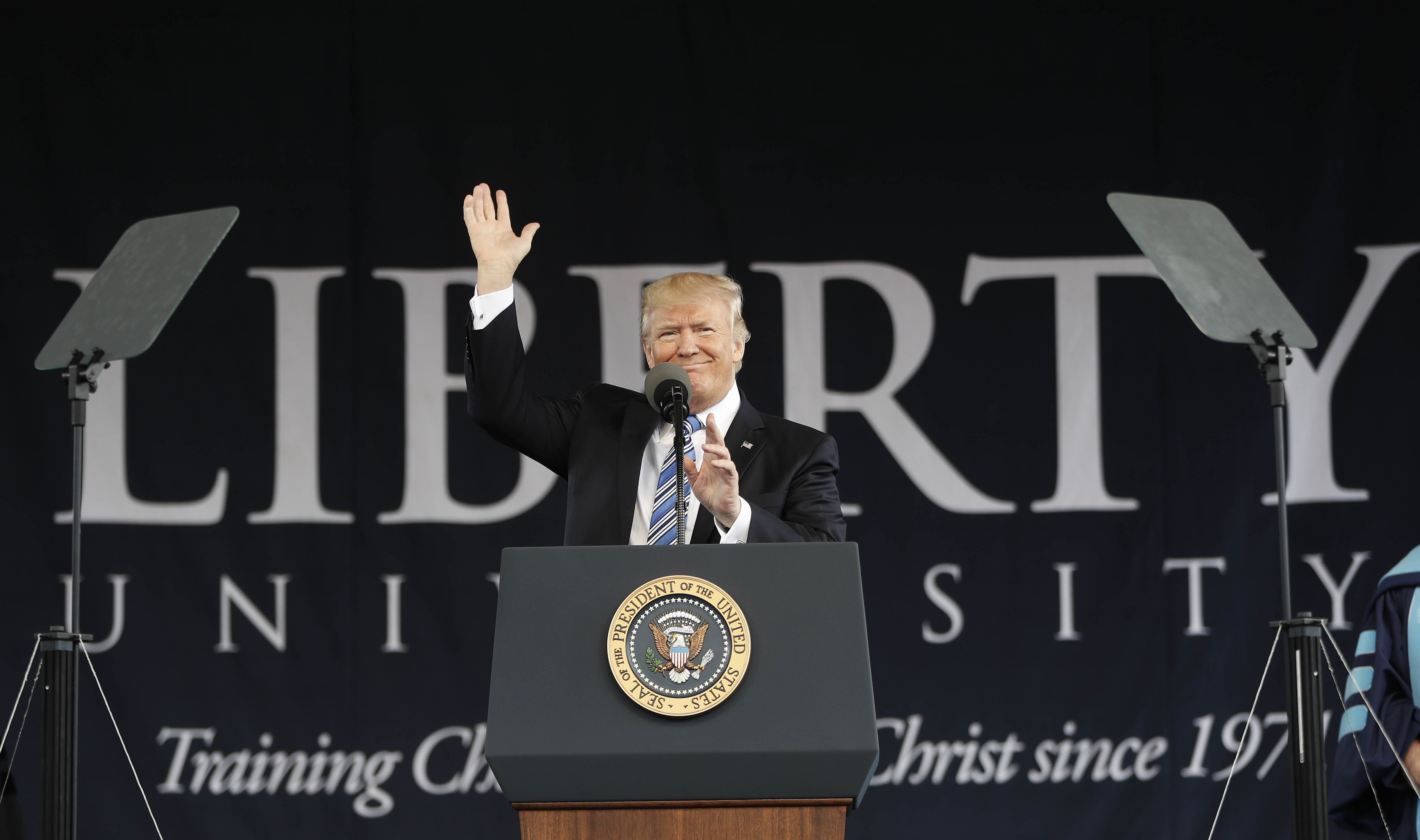President Donald Trump at Liberty University. (CREDIT: AP/Pablo Martinez Monsivais)