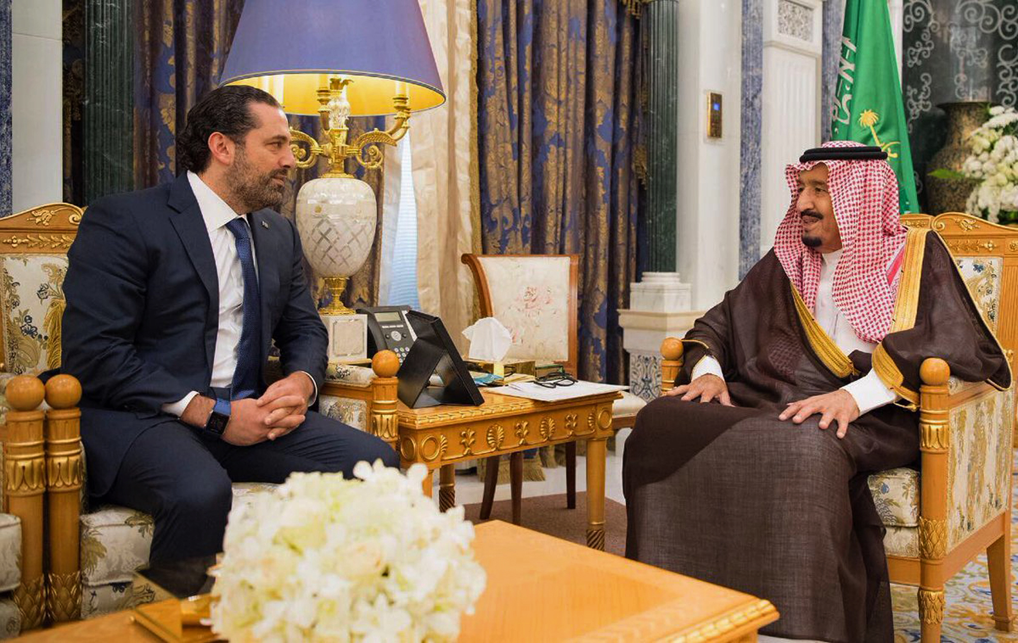 Saudi King Salman, right, meets with outgoing Lebanese Prime Minister Saad al-Hariri in Riyadh, Saudi Arabia, Monday, Nov. 6, 2017. (CREDIT: Saudi Press Agency, via AP)