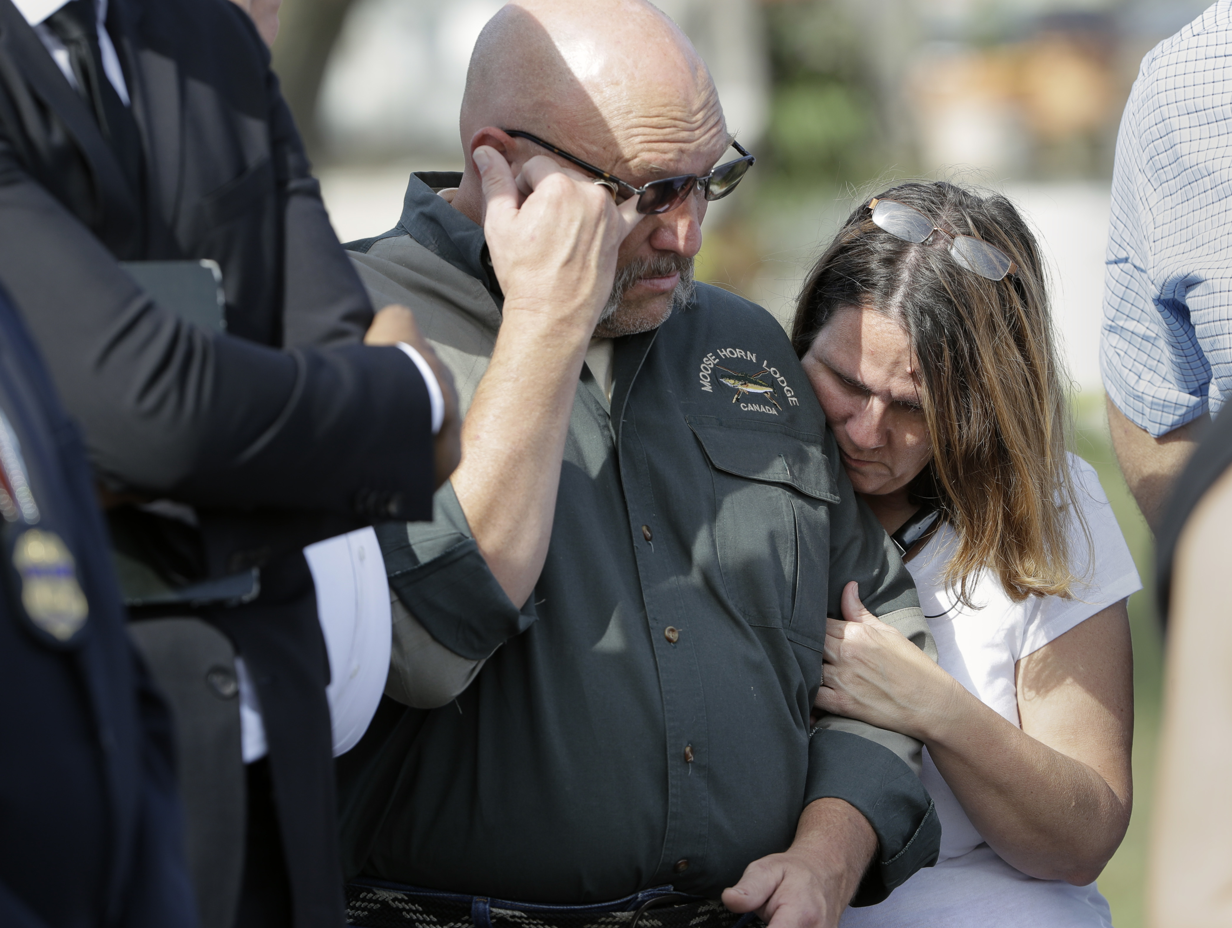 Pastor Frank Pomeroy and his wife Sherri join a news conference near the First Baptist Church of Sutherland Springs, Monday, Nov. 6, 2017, in Sutherland Springs, Texas. CREDIT: AP Photo/Eric Gay