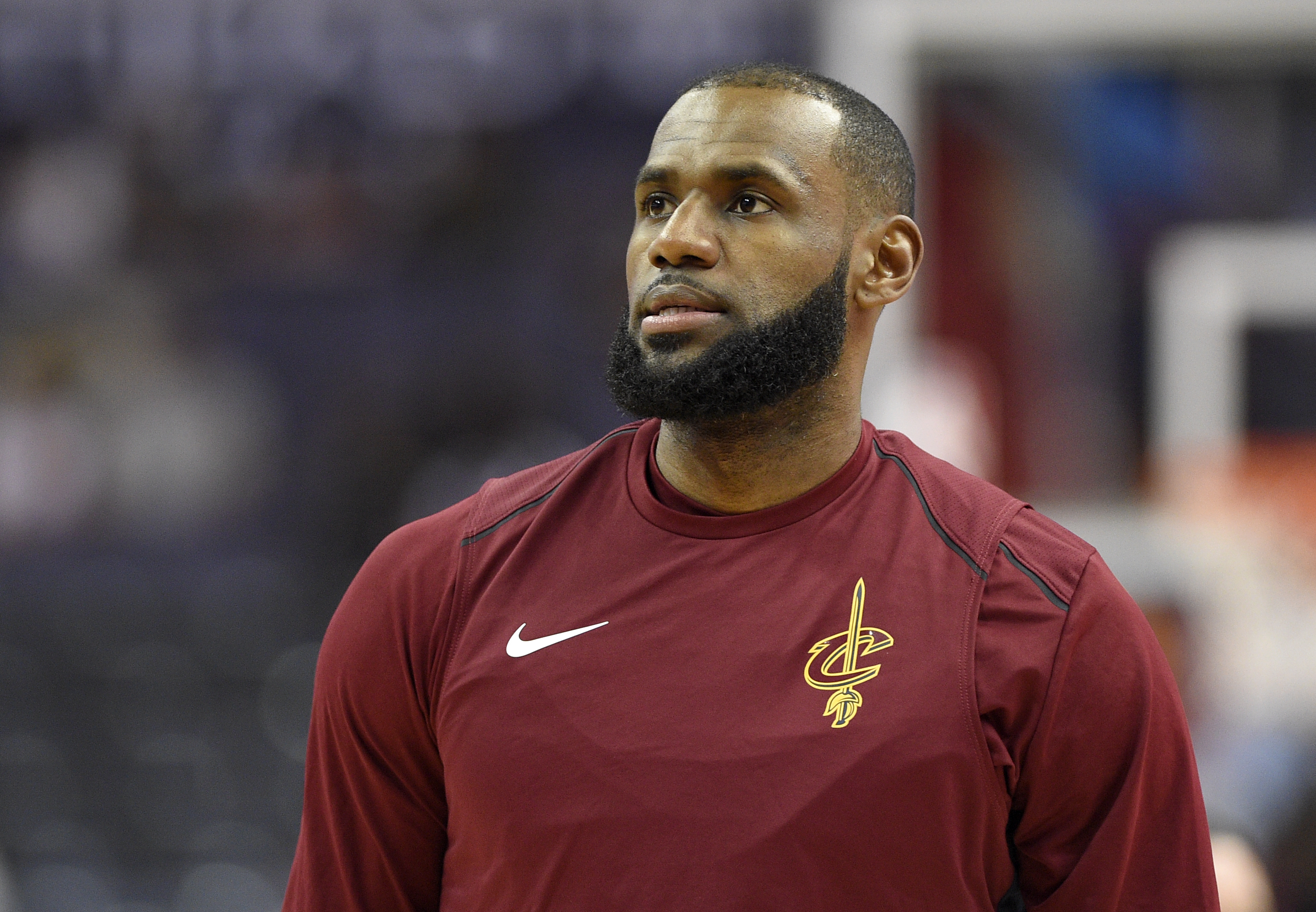 Cleveland Cavaliers forward LeBron James warms up before an NBA basketball game against the Washington Wizards, Friday, Nov. 3, 2017, in Washington. (AP Photo/Nick Wass)
