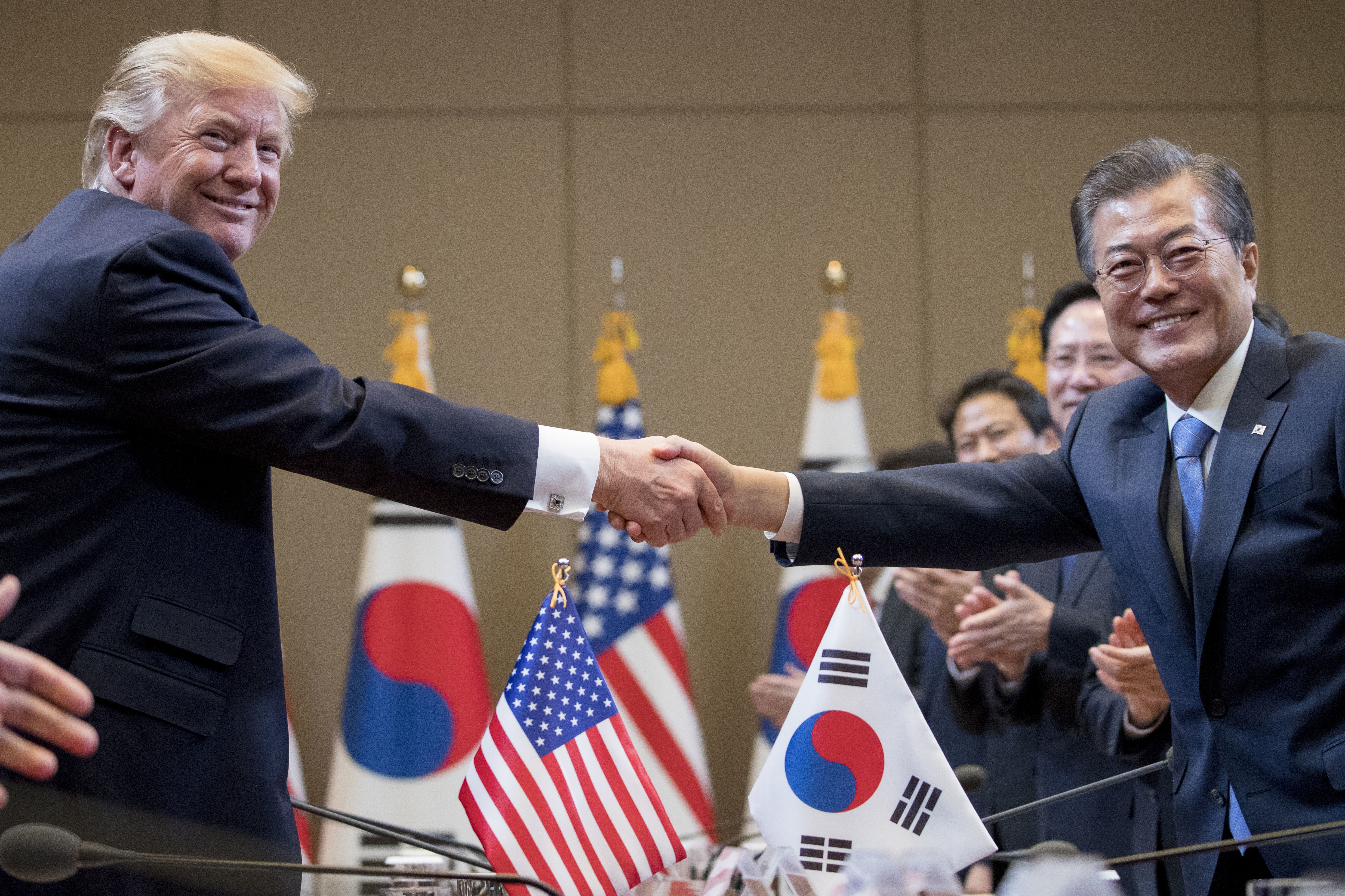 President Donald Trump, left, and South Korean President Moon Jae-in shake hands during a bilateral meeting at the Blue House in Seoul, South Korea, Tuesday, Nov. 7, 2017. (CREDIT: Andrew Harnik/AP Photo)