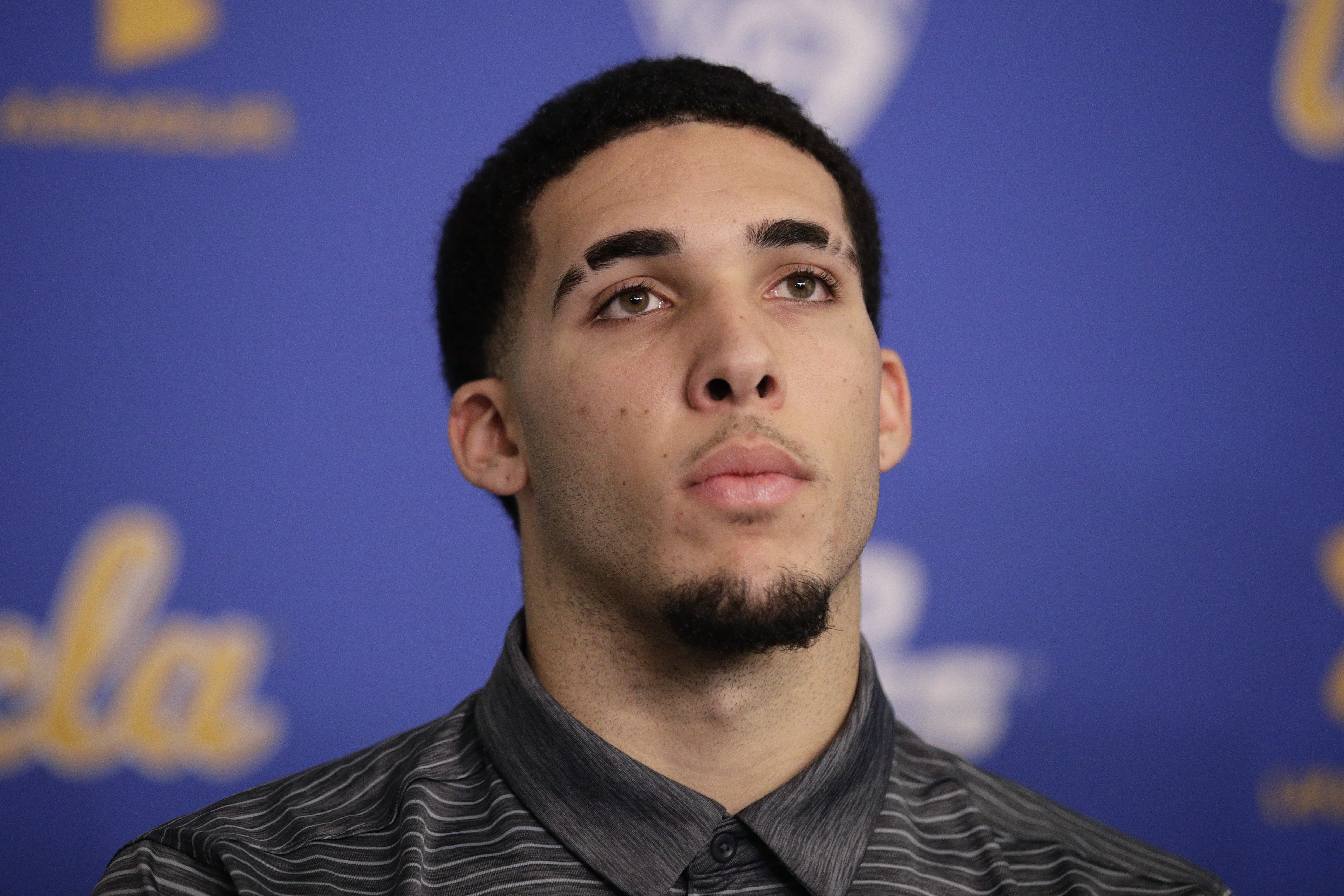 UCLA NCAA college basketball player LiAngelo Ball attends a news conference at UCLA Wednesday, Nov. 15, 2017, in Los Angeles. Three UCLA basketball players accused of shoplifting in China admitted to the crime and apologized before coach Steve Alford announced they were being suspended indefinitely. (AP Photo/Jae C. Hong)