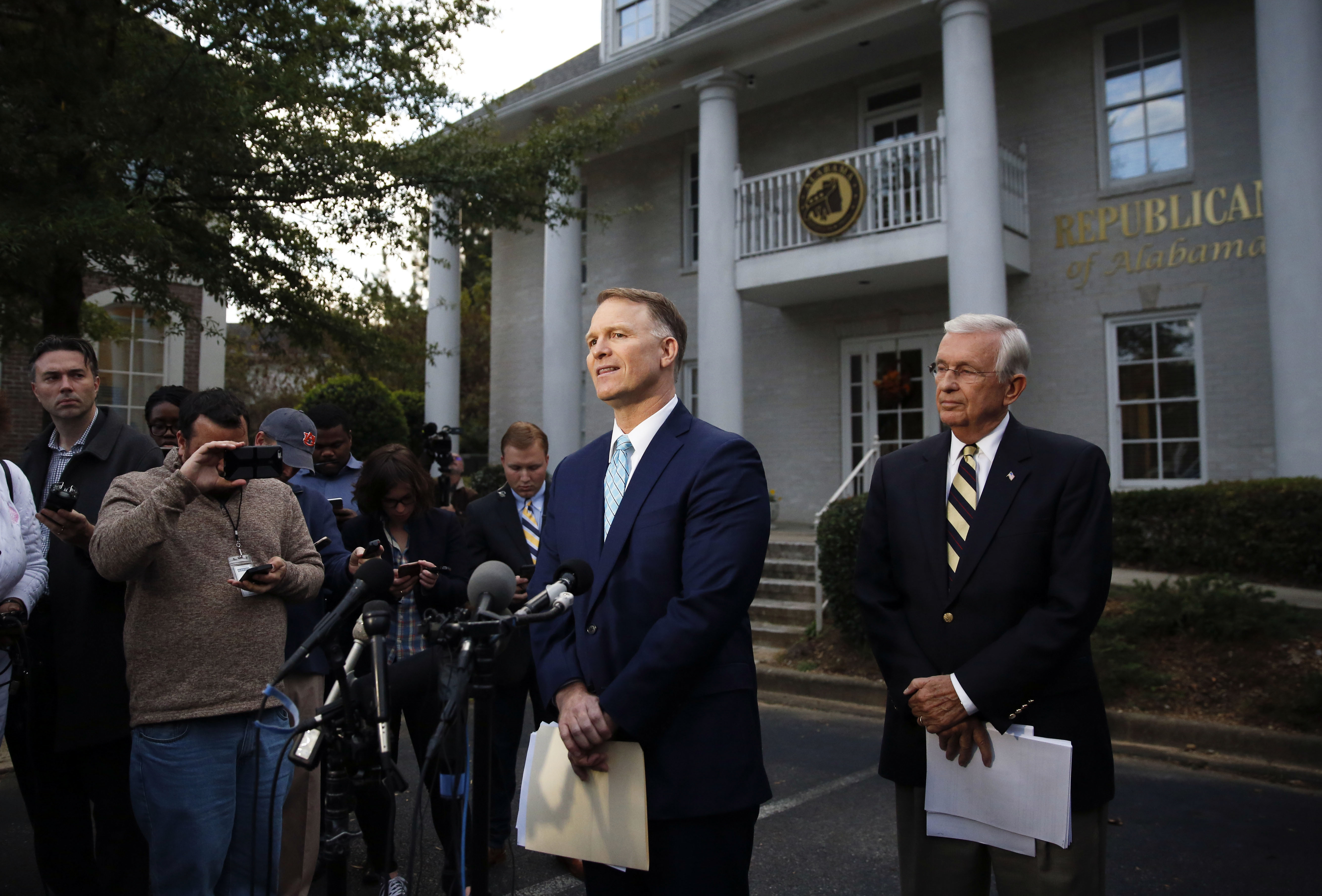 Phillip L. Jauregui, attorney for Roy Moore, speaking at a press conference Wednesday. CREDIT: AP Photo/Brynn Anderson