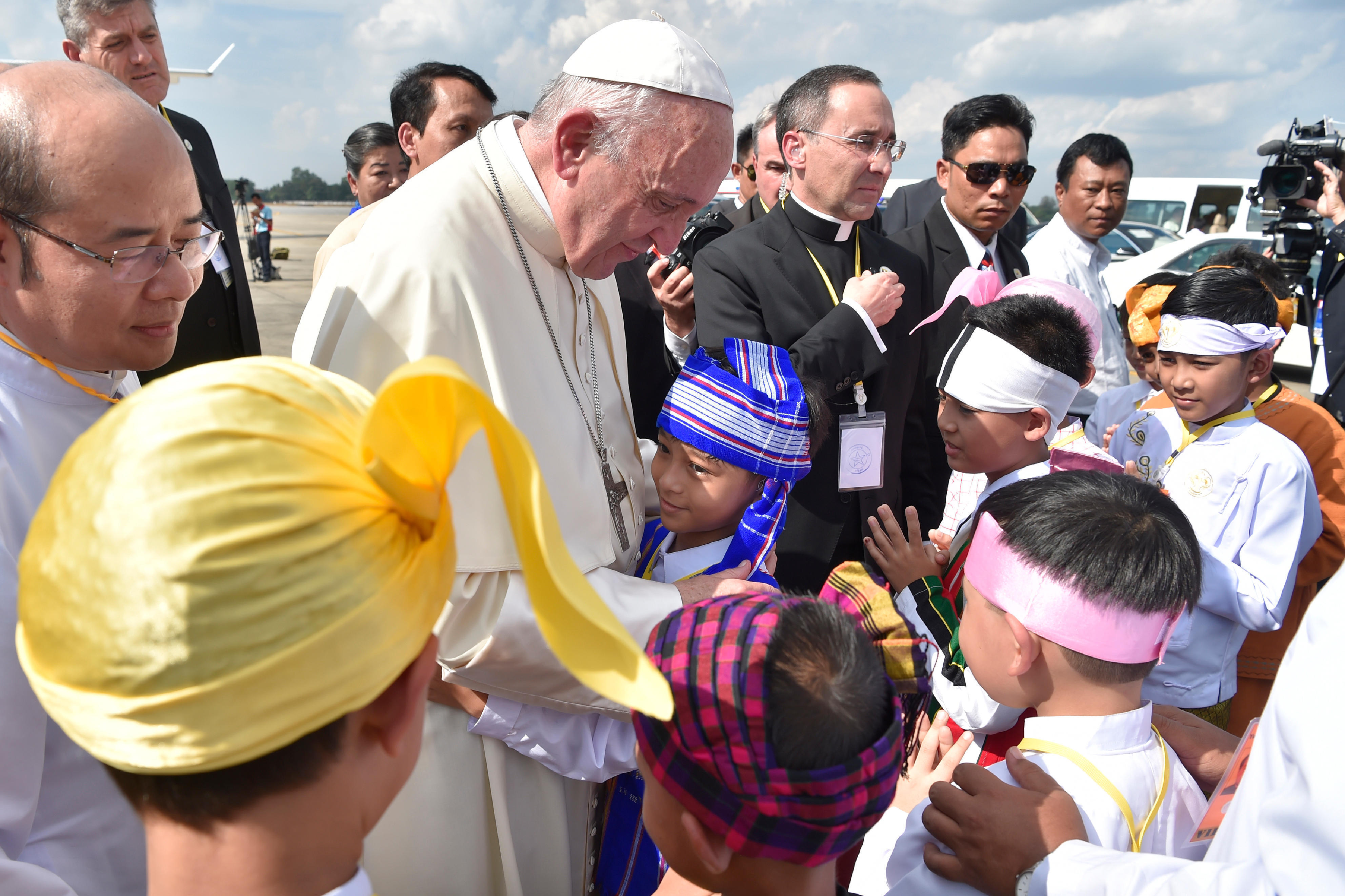 Pope Francis arrives in Yangon, Myanmar, on Monday, Nov. 27, 2017. The pontiff is in Myanmar for the first stage of a week-long visit that will also take him to neighboring Bangladesh. (CREDIT: L'Osservatore Romano/AP Photo)