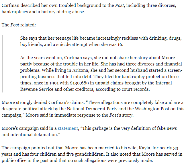 Screenshot of Breitbart's report on Moore's accuser, Corfman.