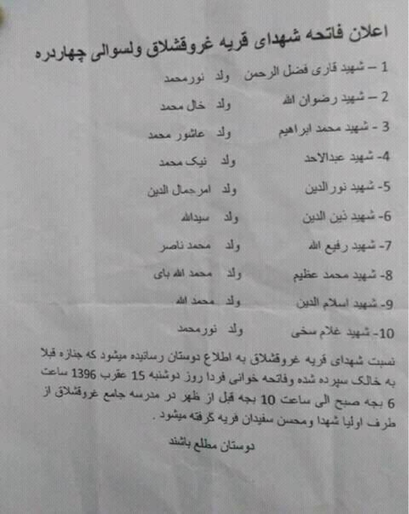 A death announcement from the village of Ghoraw Qeshlak, one of the villages that came under attack, lists 10 names. (CREDIT: ALI M. LATIFI)