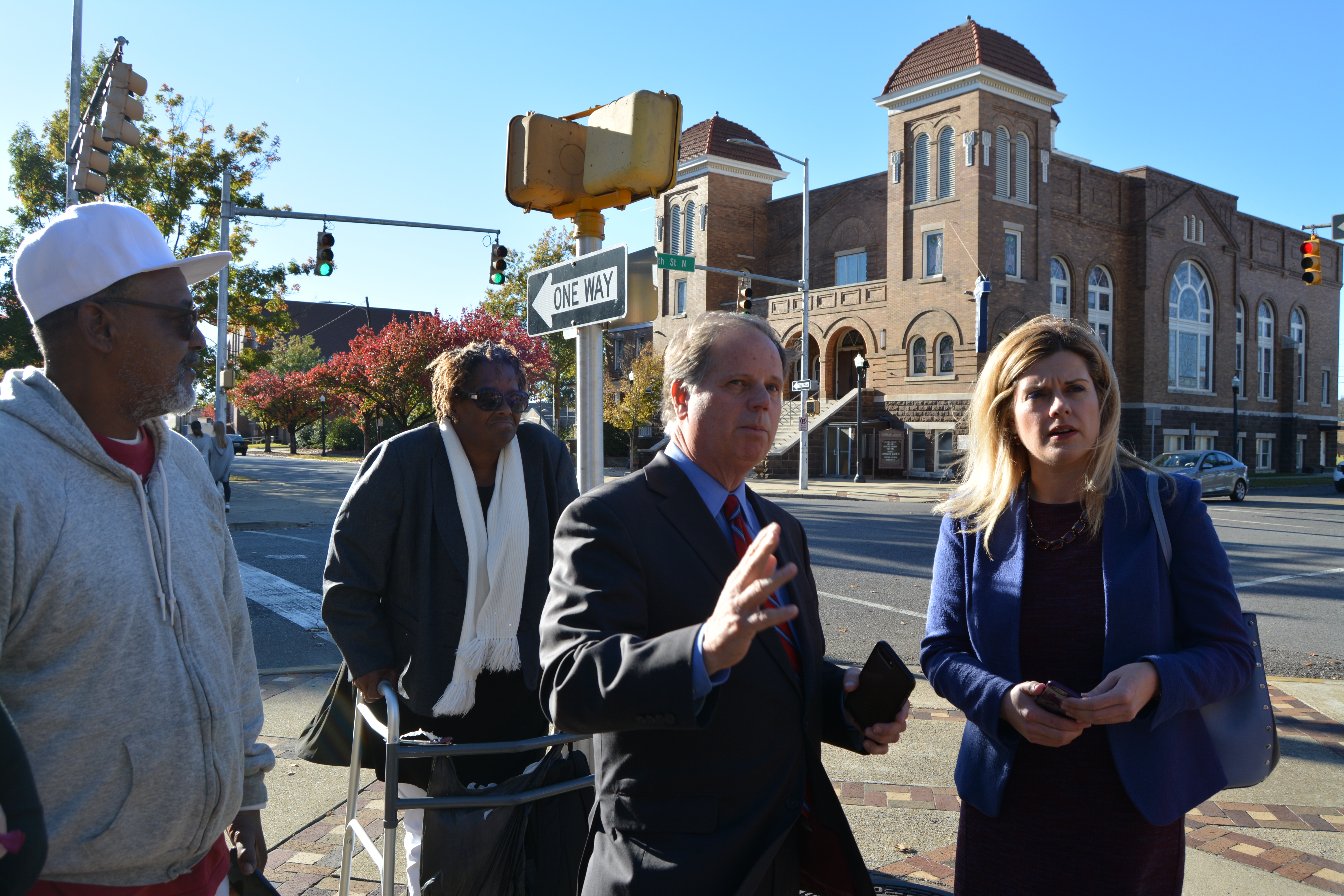 Doug Jones stops by the 16th Street Baptist Church in Birmingham on Sunday. CREDIT: Kira Lerner