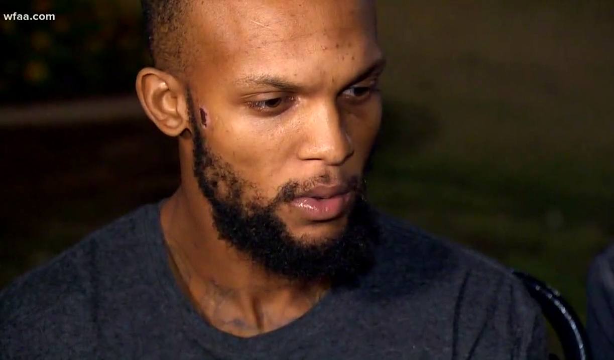 Mesquite, Texas resident Lyndo Jones is released from the hospital after being shot in the stomach and back by a police officer. (Credit: WFAA, screengrab)