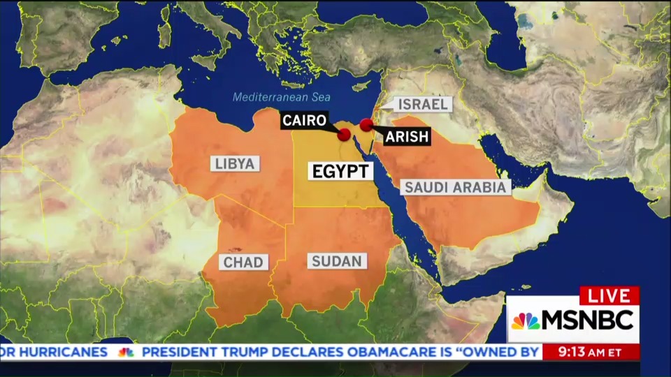 Map of the region in which the November 24, 2017 al-Rawdah mosque attack took place. (CREDIT: MSNBC)