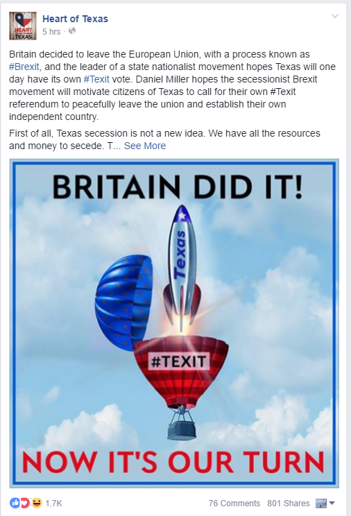 The "Heart of Texas" Facebook page, a Russian account posing as Texans, pointed to Brexit as inspiration for Texas secession. (SOURCE: FACEBOOK)