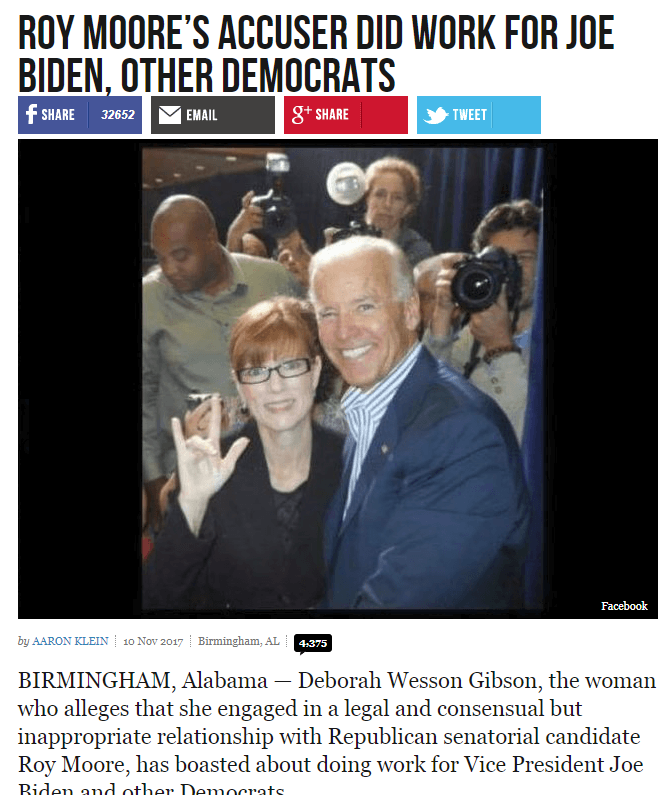 Screenshot of Breitbart's report on Deborah Wesson Gibson, one of Roy Moore's accusers.