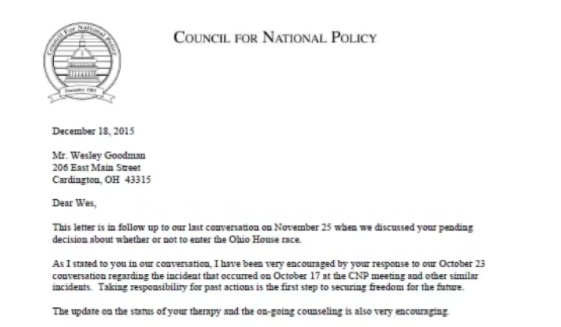 Partial screengrab of Perkins' letter to Goodman, following Goodman's decision to enter the Ohio House race. (CREDIT: Washington Post)