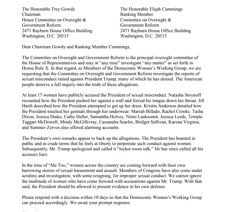 Screengrab of Democratic Women's Working Group letter to House Oversight Committee.