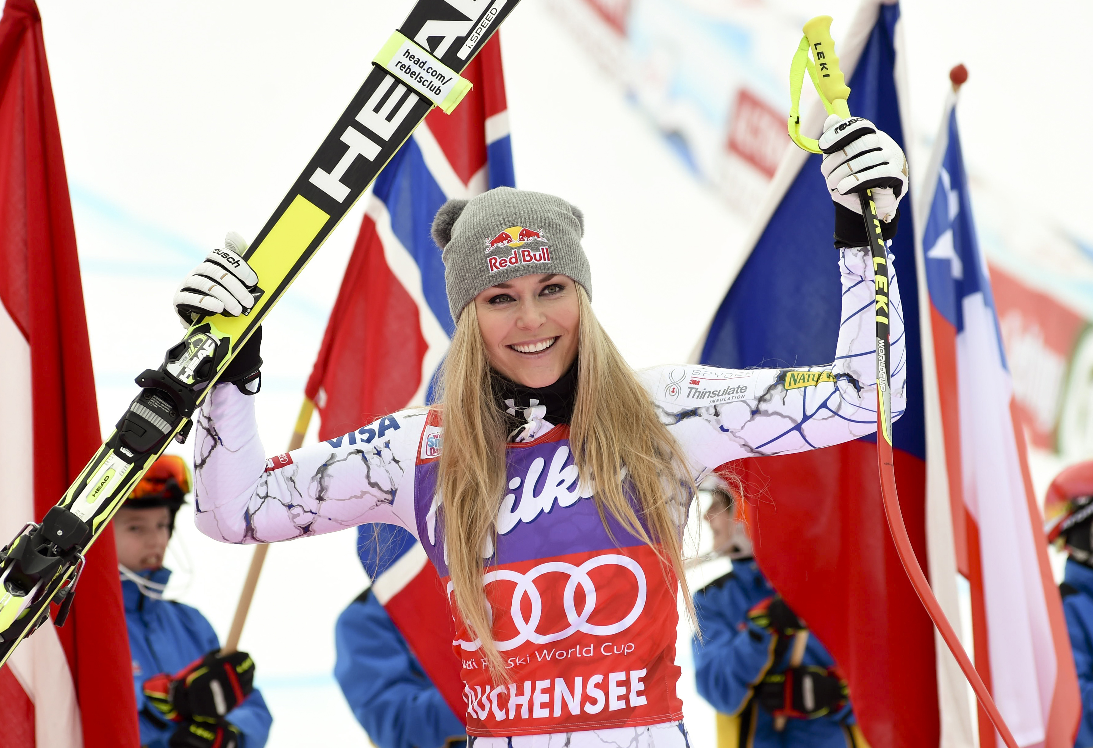 FILE - In this Jan. 9, 2016, file photo, Lindsey Vonn, of the United States, celebrates in the finish area after winning an alpine ski, women's World Cup downhill, in Altenmarkt-Zauchensee, Austria. (CREDIT: AP Photo/Pier Marco Tacca, File)