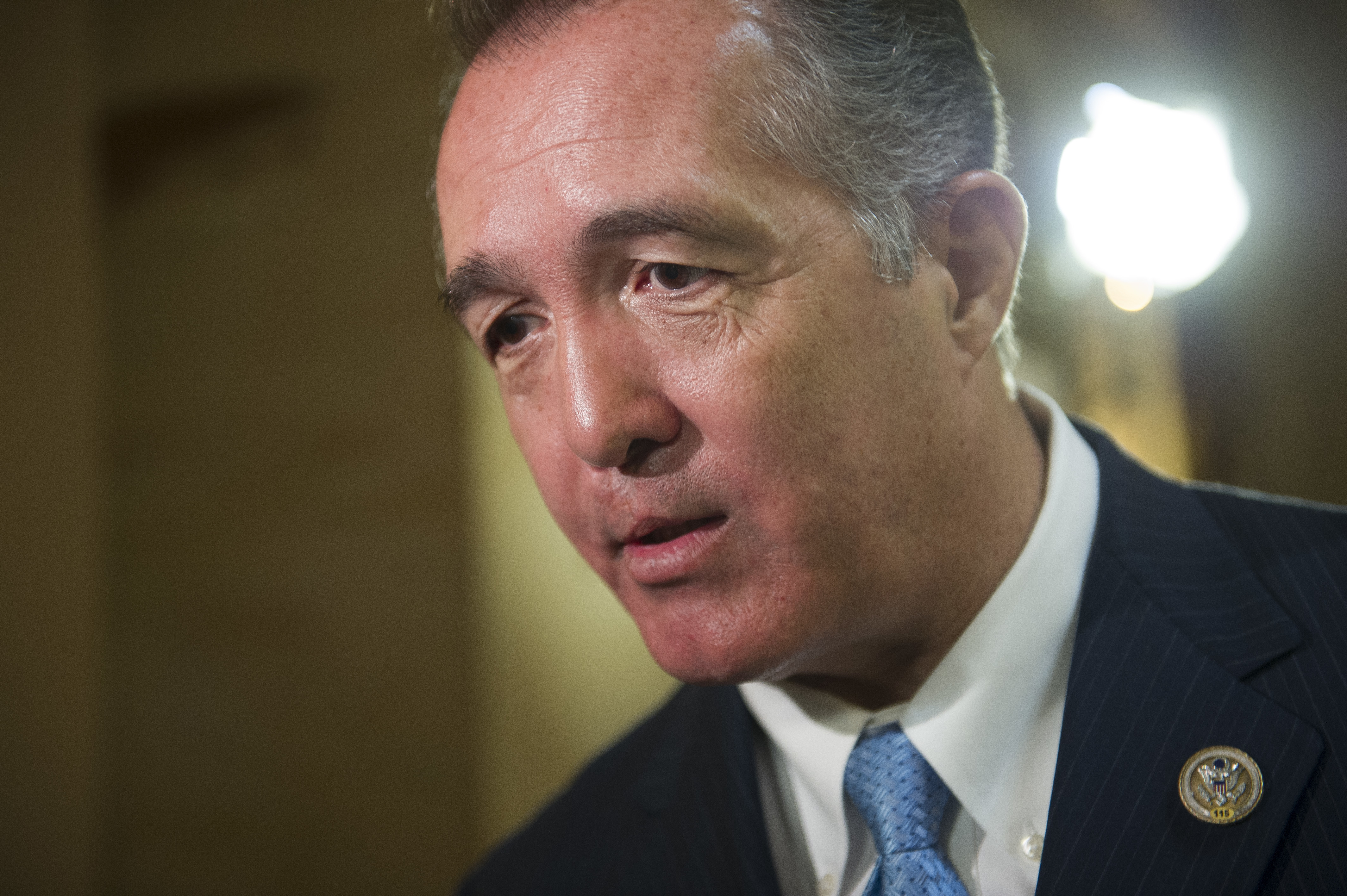 Rep. Trent Franks, R-Ariz. speaks with a reporter on Capitol Hill in Washington, Friday, March 24, 2017, as the House nears a vote on their health care overhaul. Franks says his position on the bill is undeclared. (AP Photo/Cliff Owen)