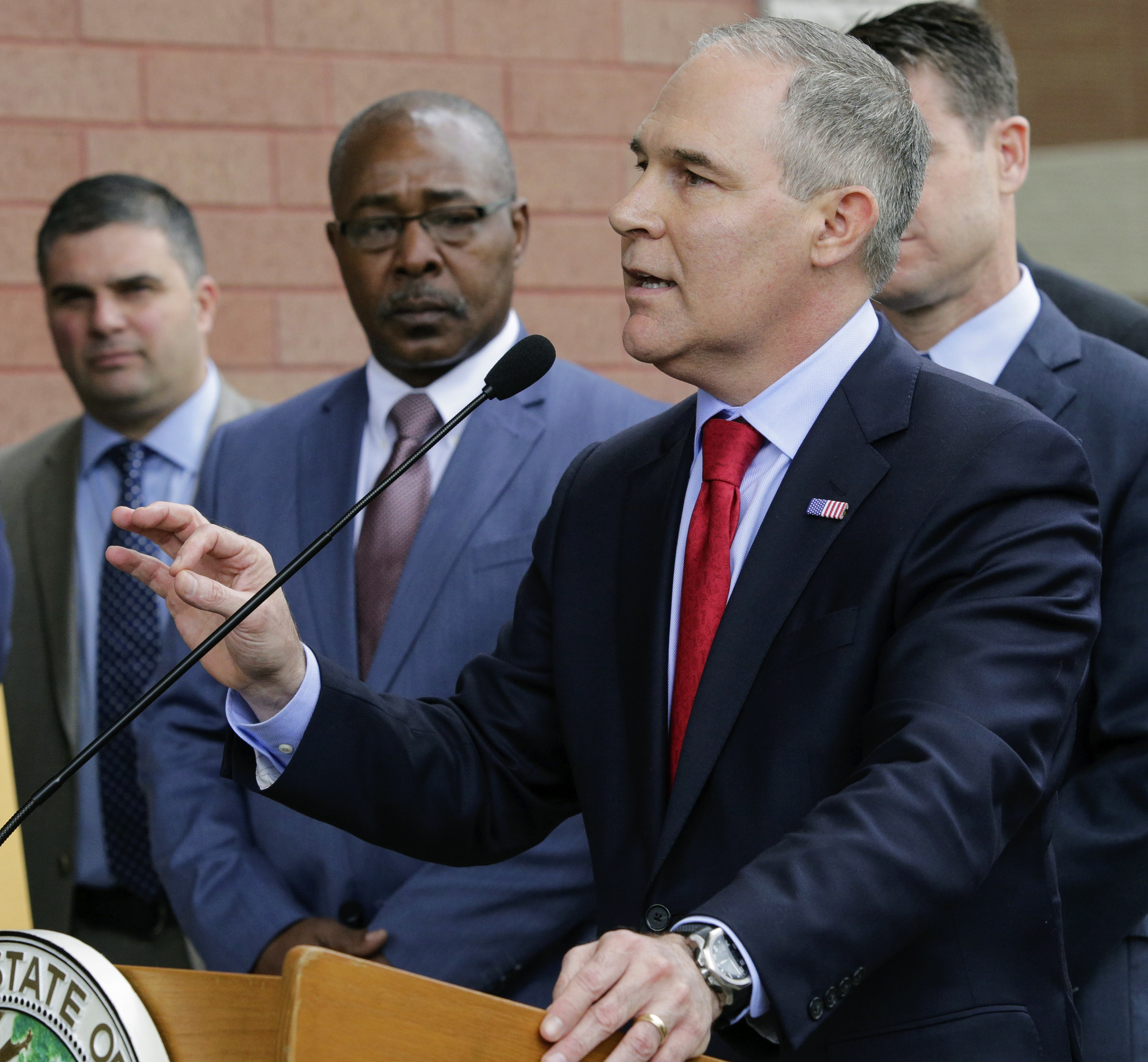 Environmental Protection Agency Administrator Scott Pruitt speaks at an April 2017 news conference in East Chicago, Indiana following a tour of a public housing complex where roughly 1,000 people were ordered evacuated because of lead contamination. CREDIT: AP Photo/Teresa Crawford