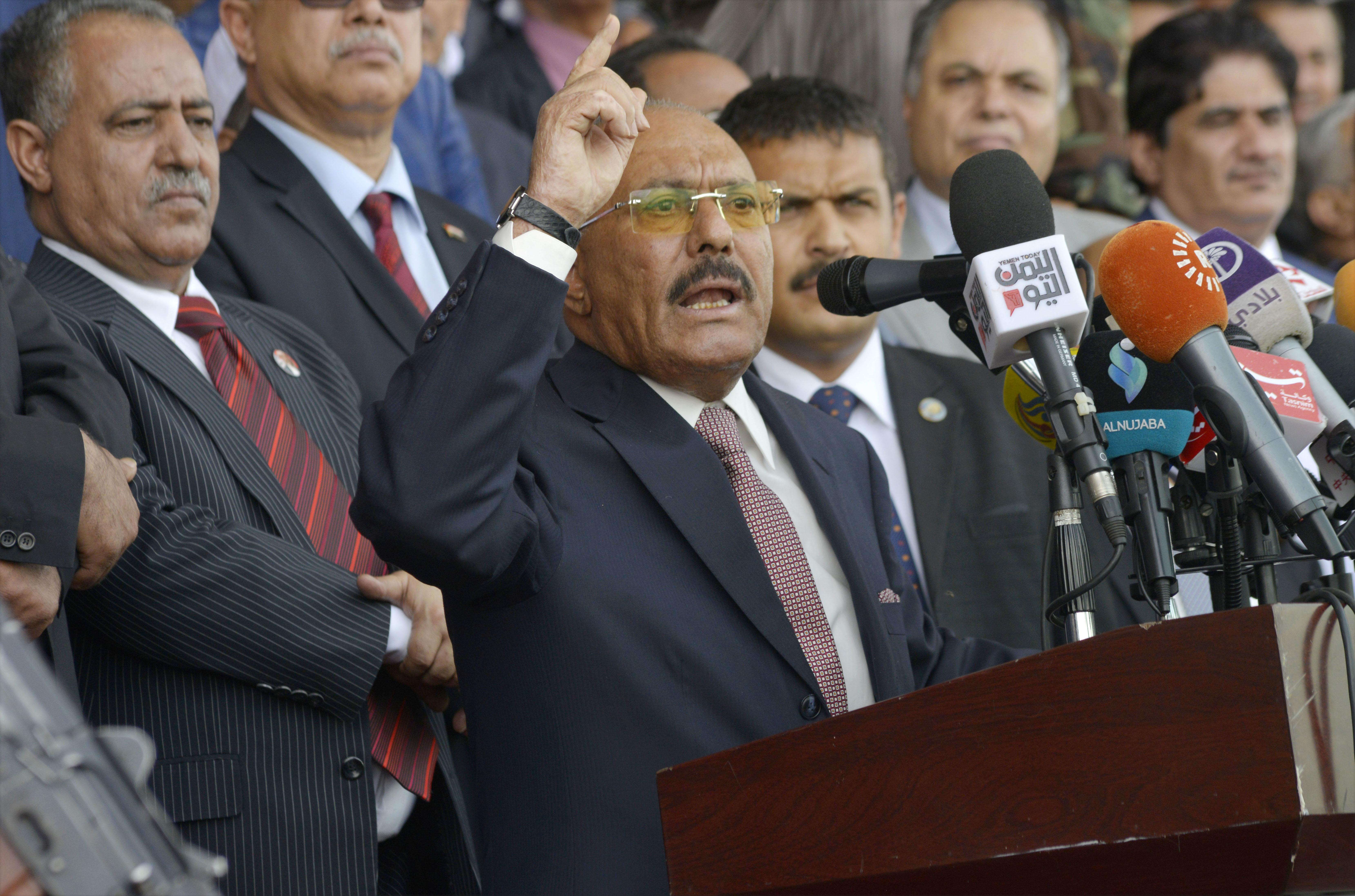 Former Yemeni President Ali Abdullah Saleh speaks during a ceremony to celebrate the 35th anniversary of the founding of the Popular Conference Party, in Sanaa, Yemen, Thursday, Aug. 24, 2017. CREDIT: Hani Mohammed/AP Photo.