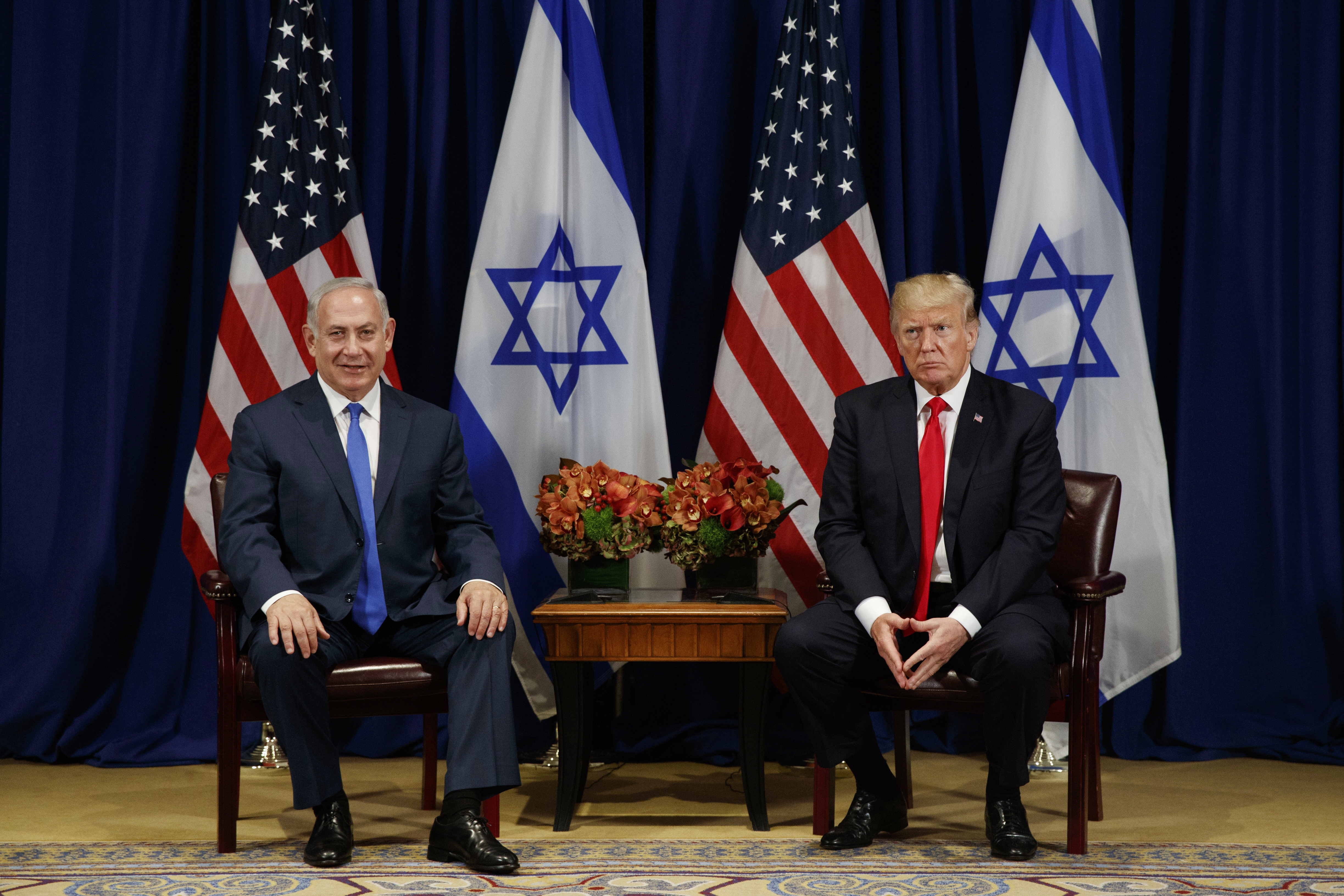 President Donald Trump meets with Israeli Prime Minister Benjamin Netanyahu at the Palace Hotel during the United Nations General Assembly, Monday, Sept. 18, 2017, in New York. CREDIT: Evan Vucci/AP Photo.