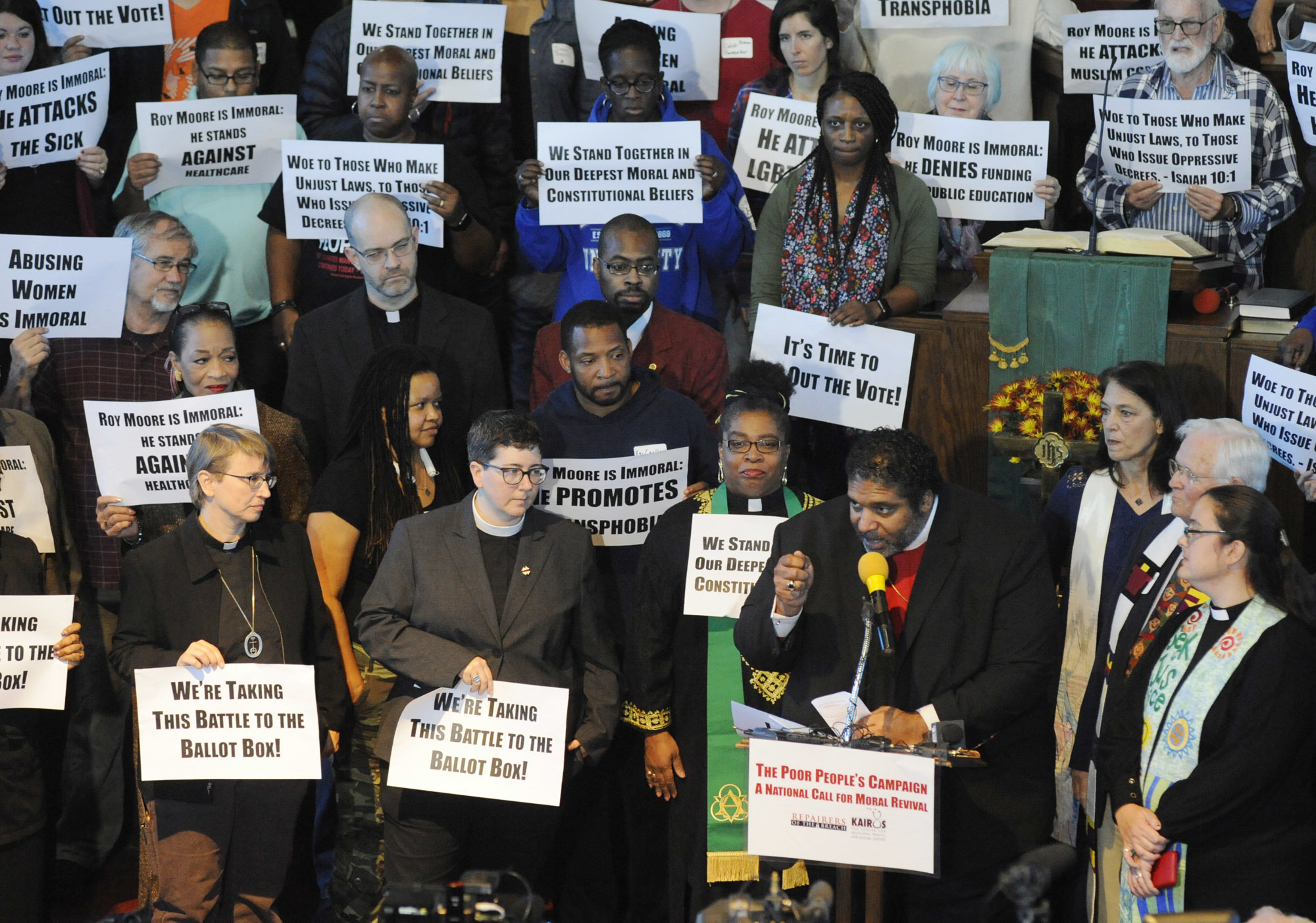 The Rev. William J. Barber speaks at a rally in opposition to Republican U.S. Senate candidate Roy Moore at a church in Birmingham, Alabama.
(CREDIT: AP/Jay Reeves)