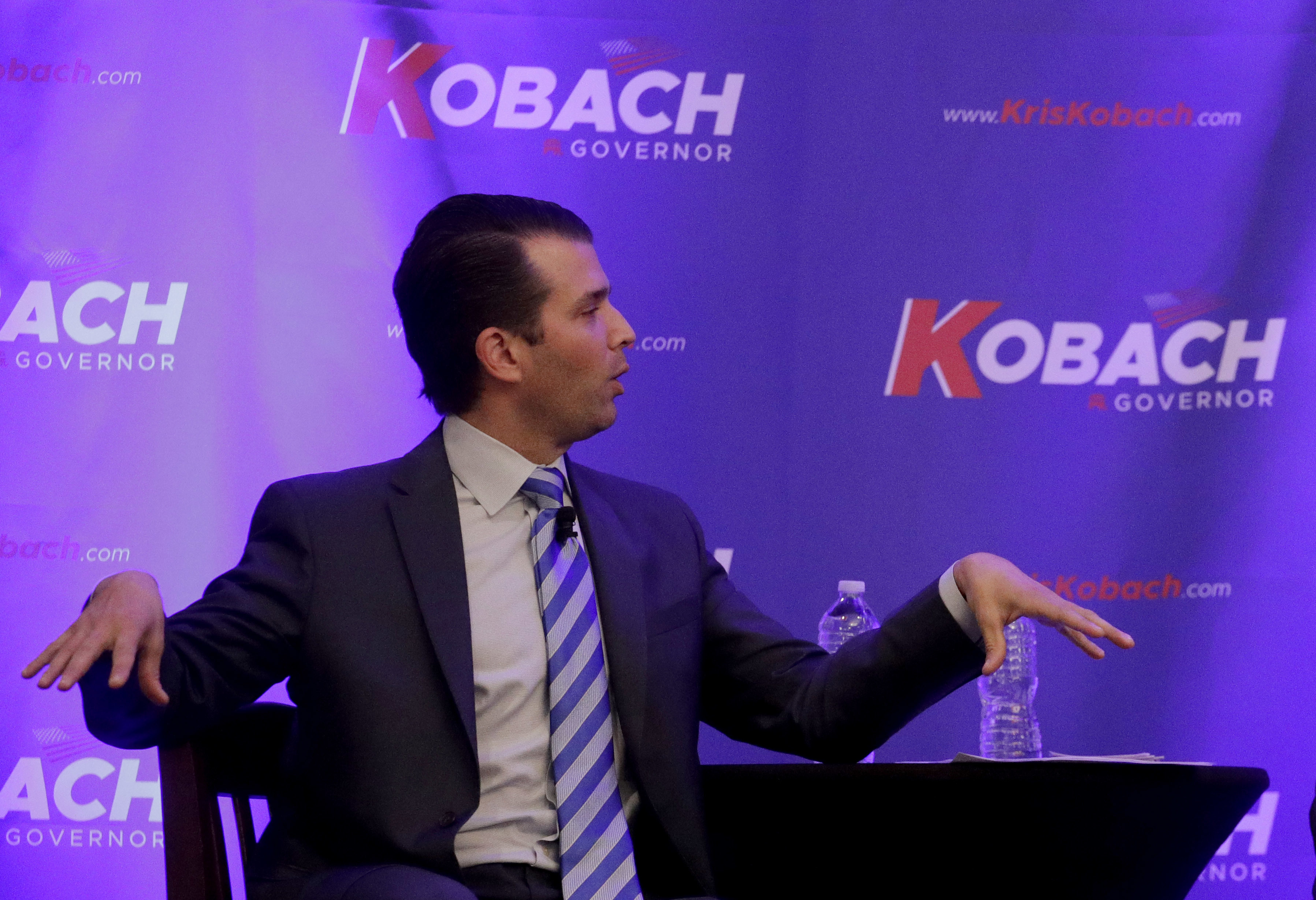 Donald Trump Jr. speaks during a fundraiser for Kansas Secretary of State Kris Kobach's campaign for governor Tuesday, Nov. 28, 2017, in Overland Park, Kan. (CREDIT: AP Photo/Charlie Riedel)