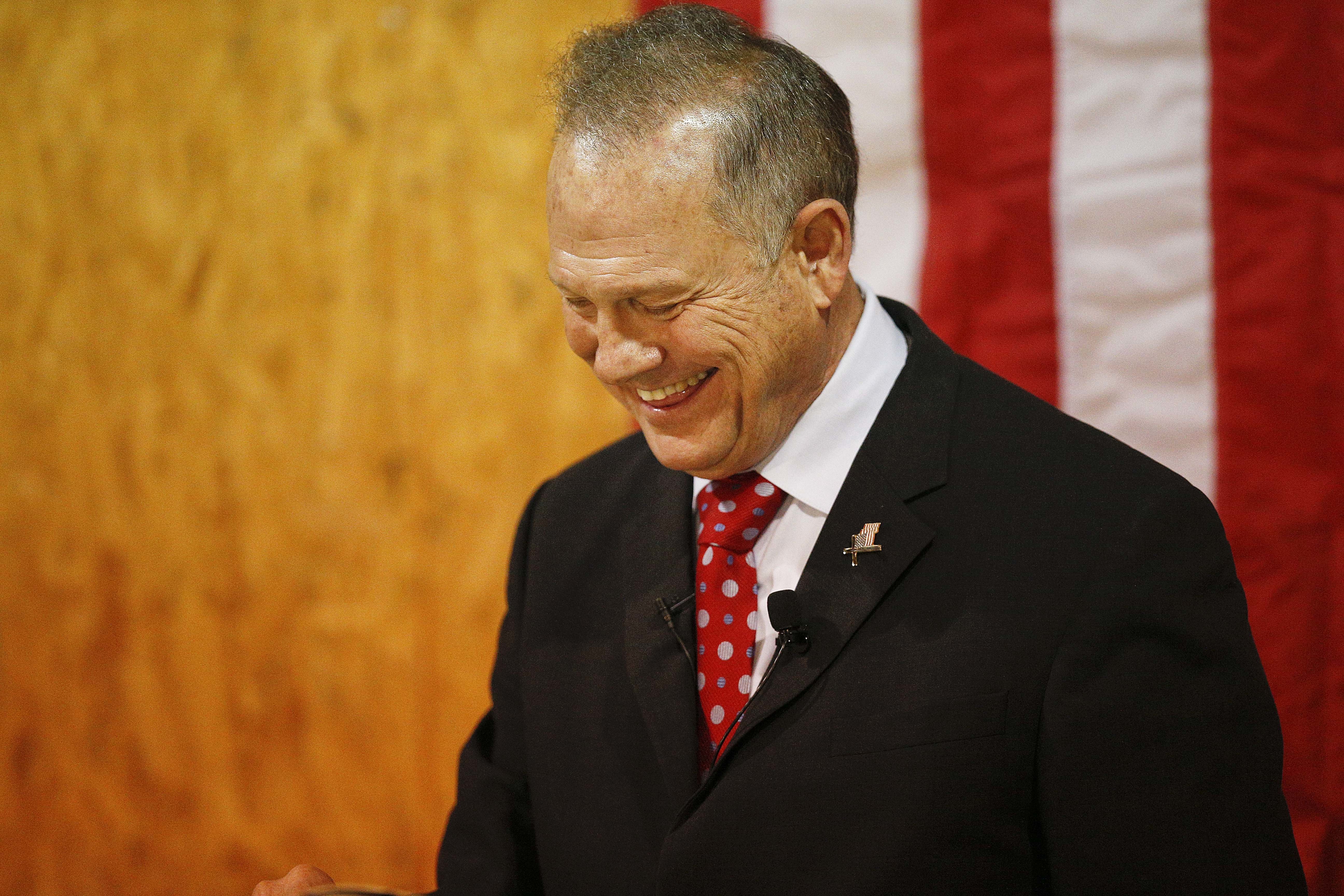 Former Alabama Chief Justice and U.S. Senate candidate Roy Moore speaks at a campaign rally. CREDIT: AP Photo/Brynn Anderson