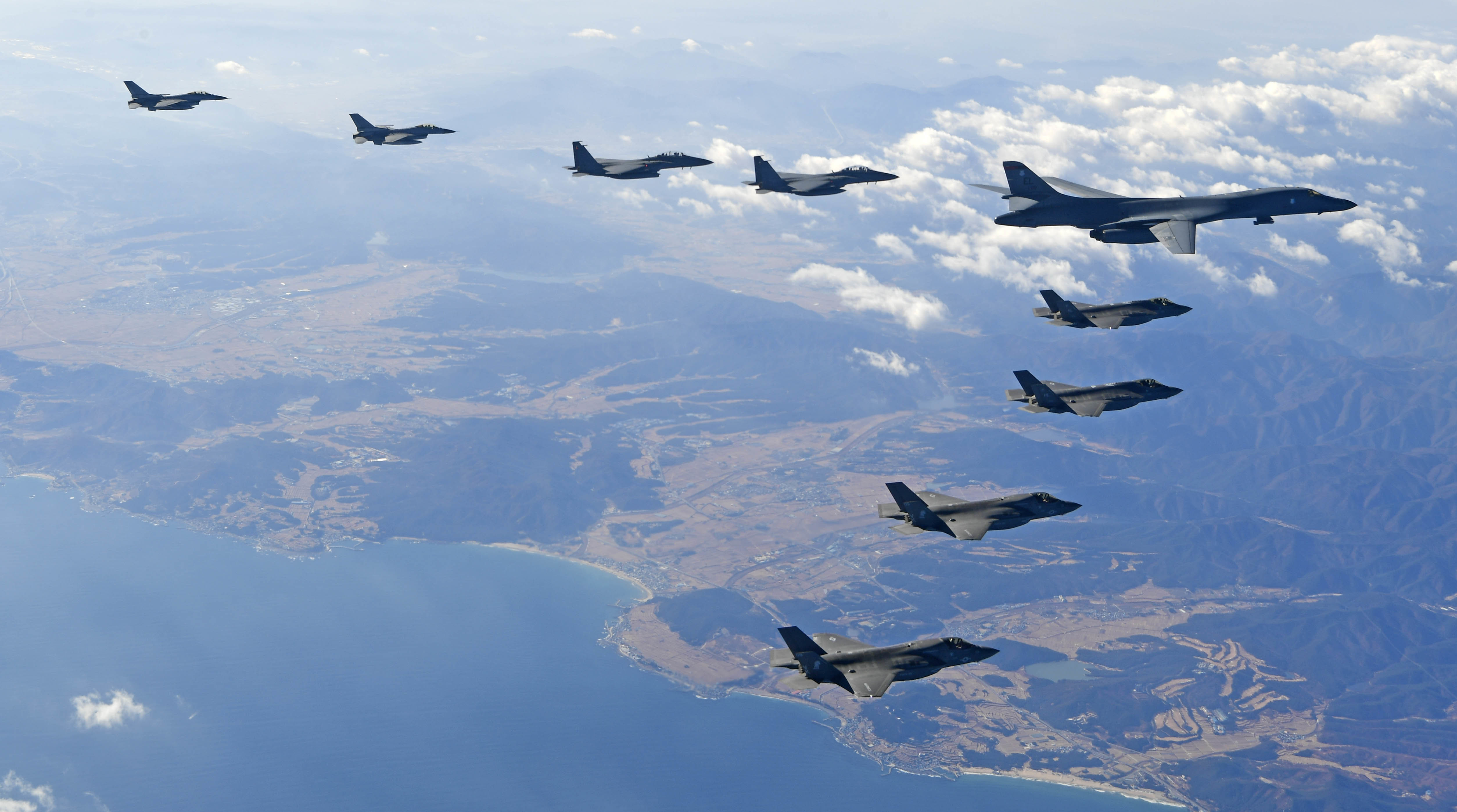 The United States flew a B-1B supersonic bomber over South Korea on Wednesday in part of a massive combined aerial exercise involving hundreds of warplanes, a clear warning after North Korea last week tested its biggest and most powerful missile yet. CREDIT: South Korea Defense Ministry/AP Photo.