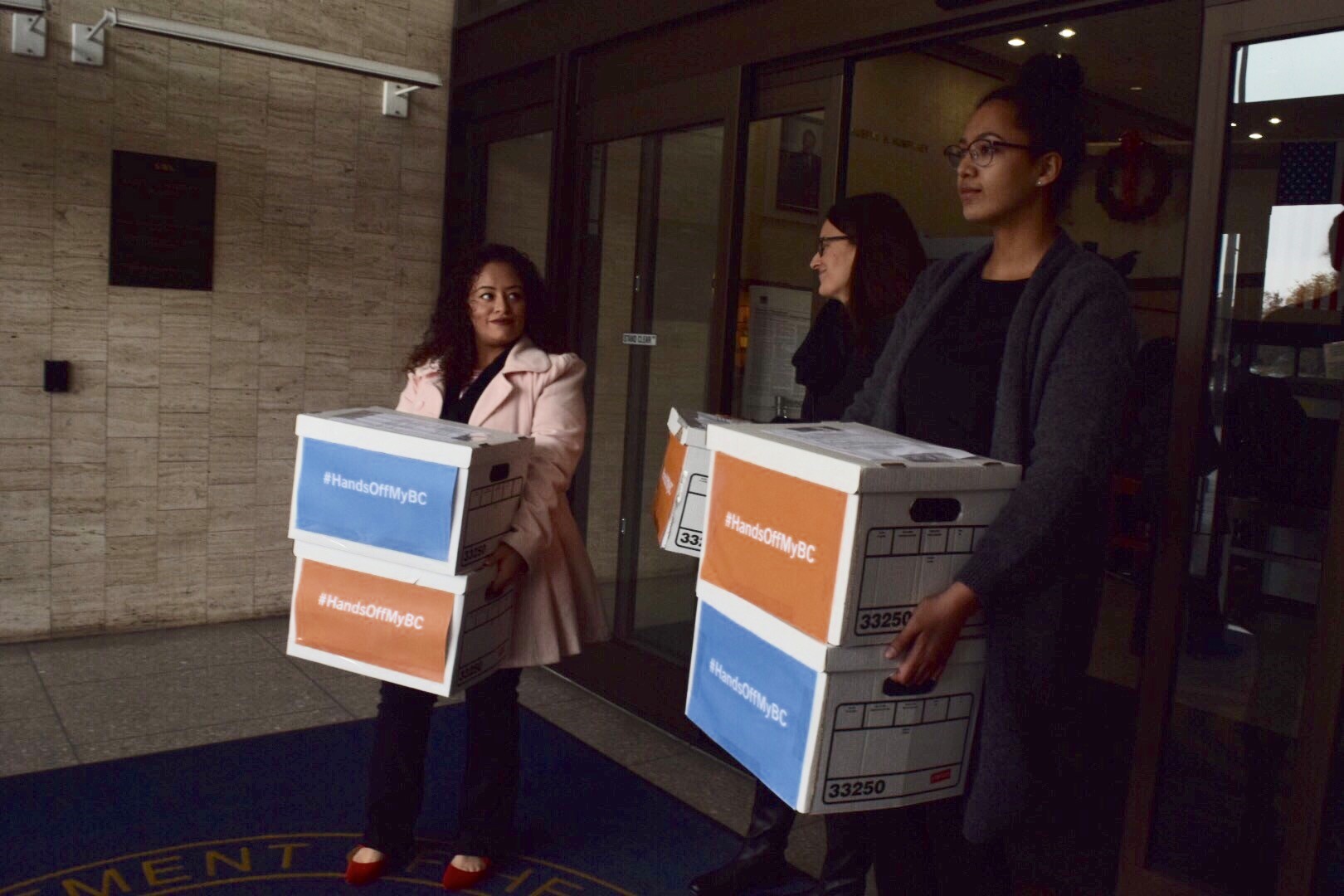 Reproductive rights activists dropped off tens of thousands of written comments to the Department of Health and Human Services Tuesday morning.
Credit: Amanda Michelle Gomez/ThinkProgress