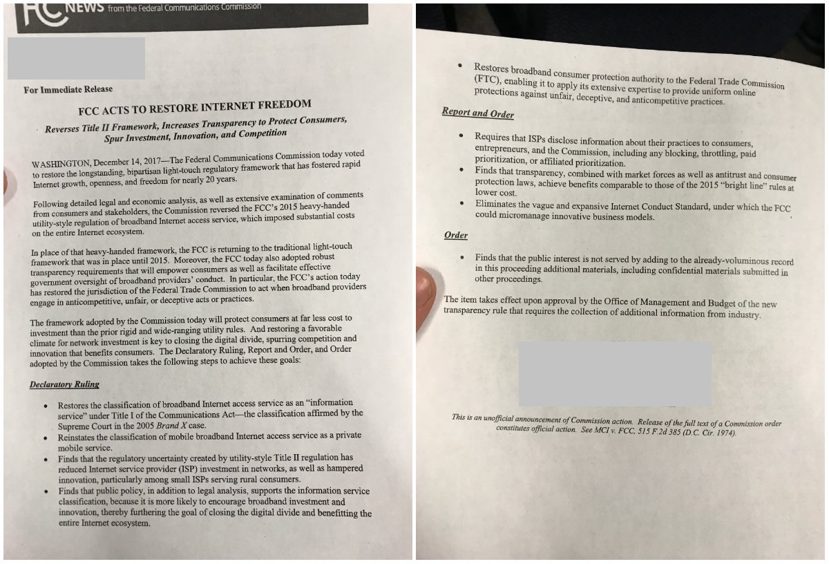 Photo of the FCC's net neutrality press release. (CREDIT: LUKE BARNES)