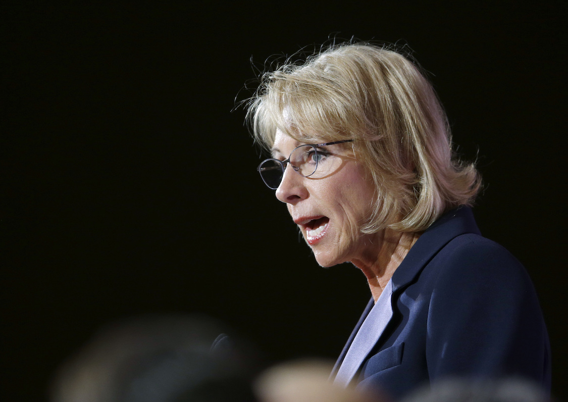 U.S. Education Secretary Betsy DeVos speaks during a dinner hosted by the Washington Policy Center, Friday, Oct. 13, 2017, in Bellevue, Wash. CREDIT: AP/Ted S. Warren