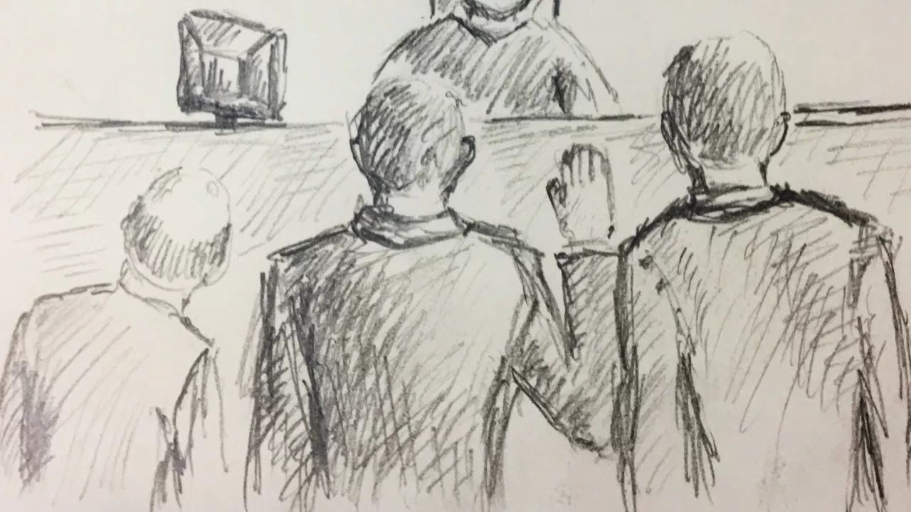 A sketch of Flynn and his attorneys in the courtroom. (CREDIT: Jack Jenkins/ThinkProgress)