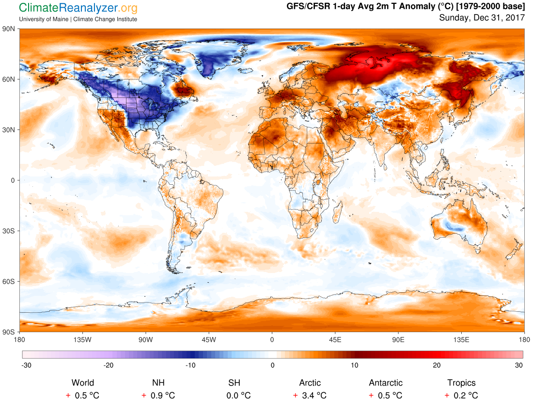 Global temperature anomaly for December 31, 2017. (CREDIT: University of Maine)