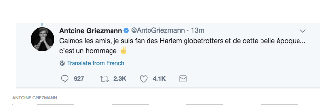 Griezmann tried to defend the costume, tweeting "Calm down everyone. I'm a fan of the Harlem Globetrotters and this is a tribute."