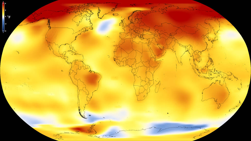 Earth’s average global temperature from 2013 to 2017 compared to a baseline average from 1951 to 1980. Yellows, oranges, and reds show regions warmer than the baseline. Credit: NASA’s Scientific Visualization Studio