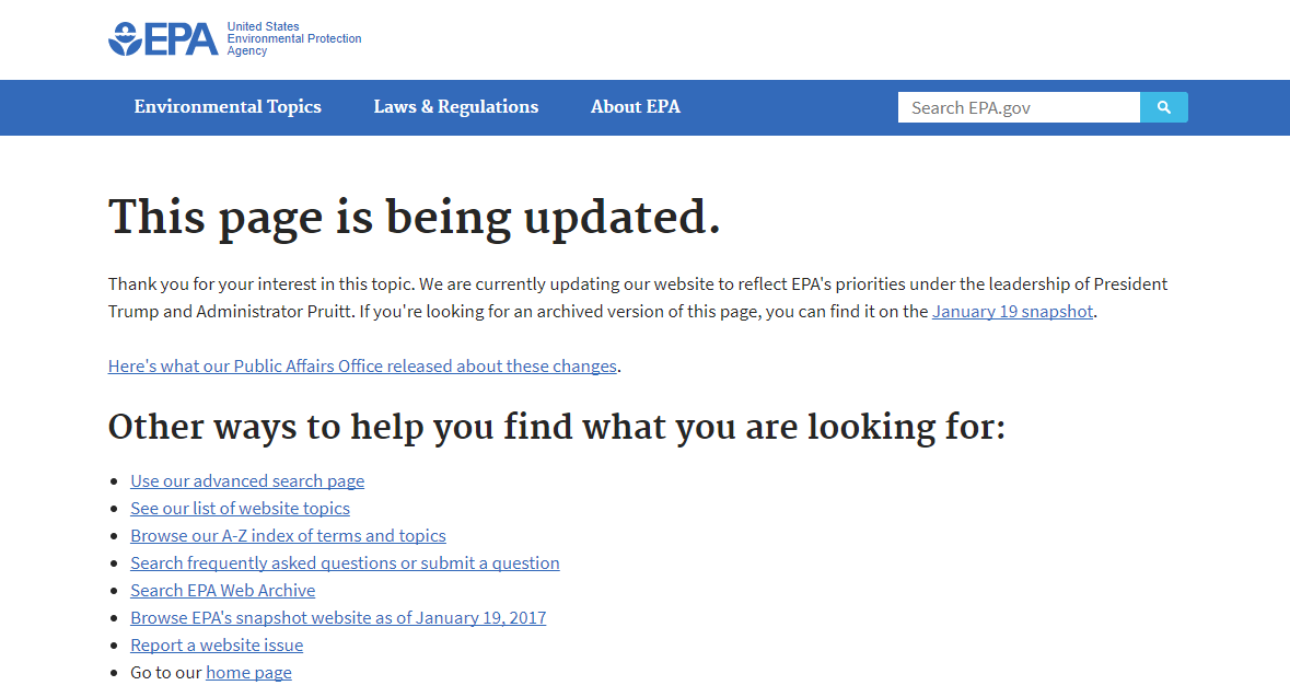 The Environmental Protection Agency's Climate Change webpage. (CREDIT: EPA)