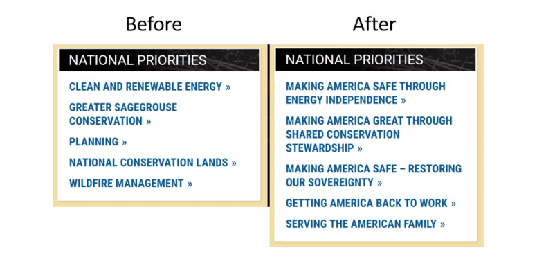 A side-by-side comparison of listed "National Priorities" for the Interior Department under Obama (left) and Trump (right). (CREDIT: DOI/EDGI)