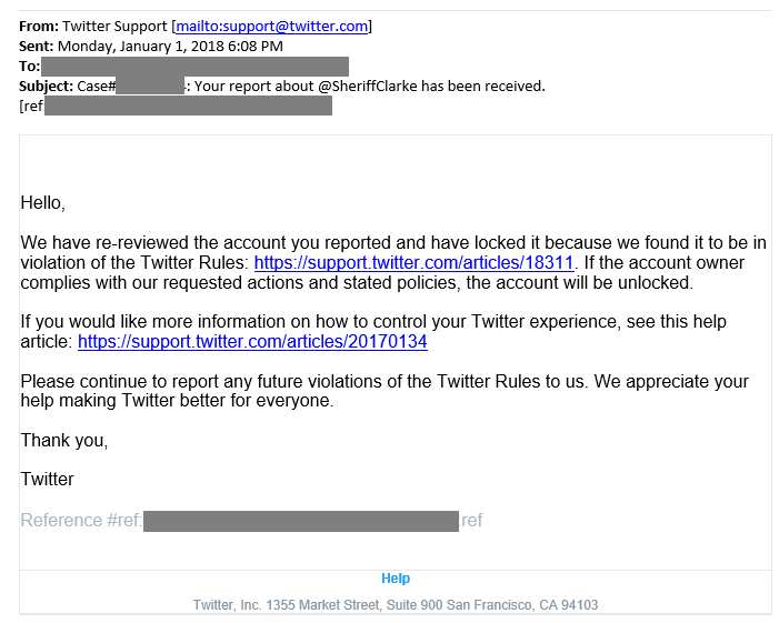 Screenshot of Twitter reported account email