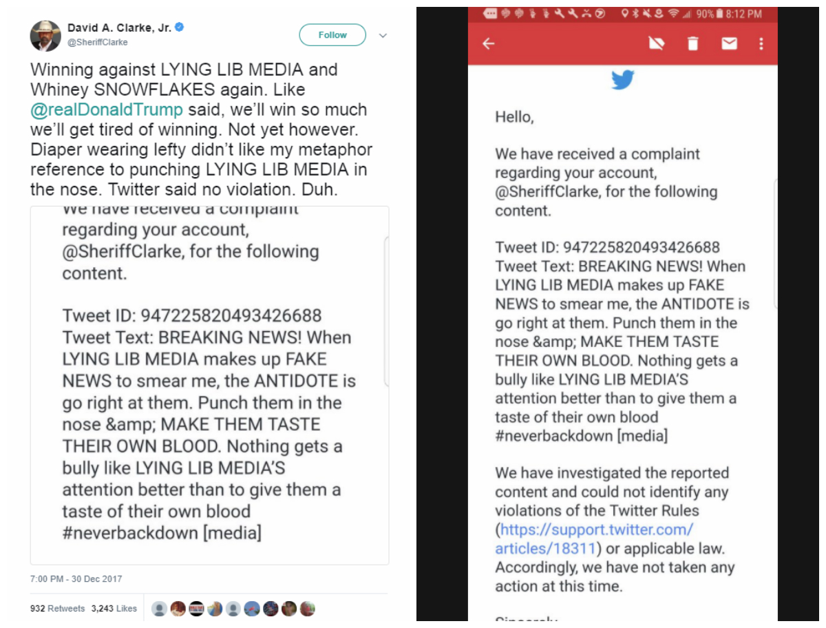 Screenshot of Twitter email, deleted Clarke tweet