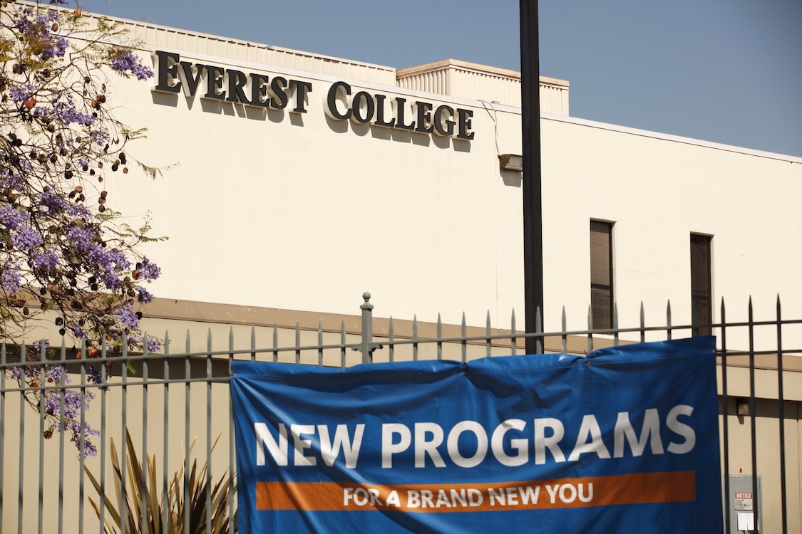 A banner advertising new courses hangs outside Everest College, Everest College on April 27, 2015. CREDIT: Getty Images
