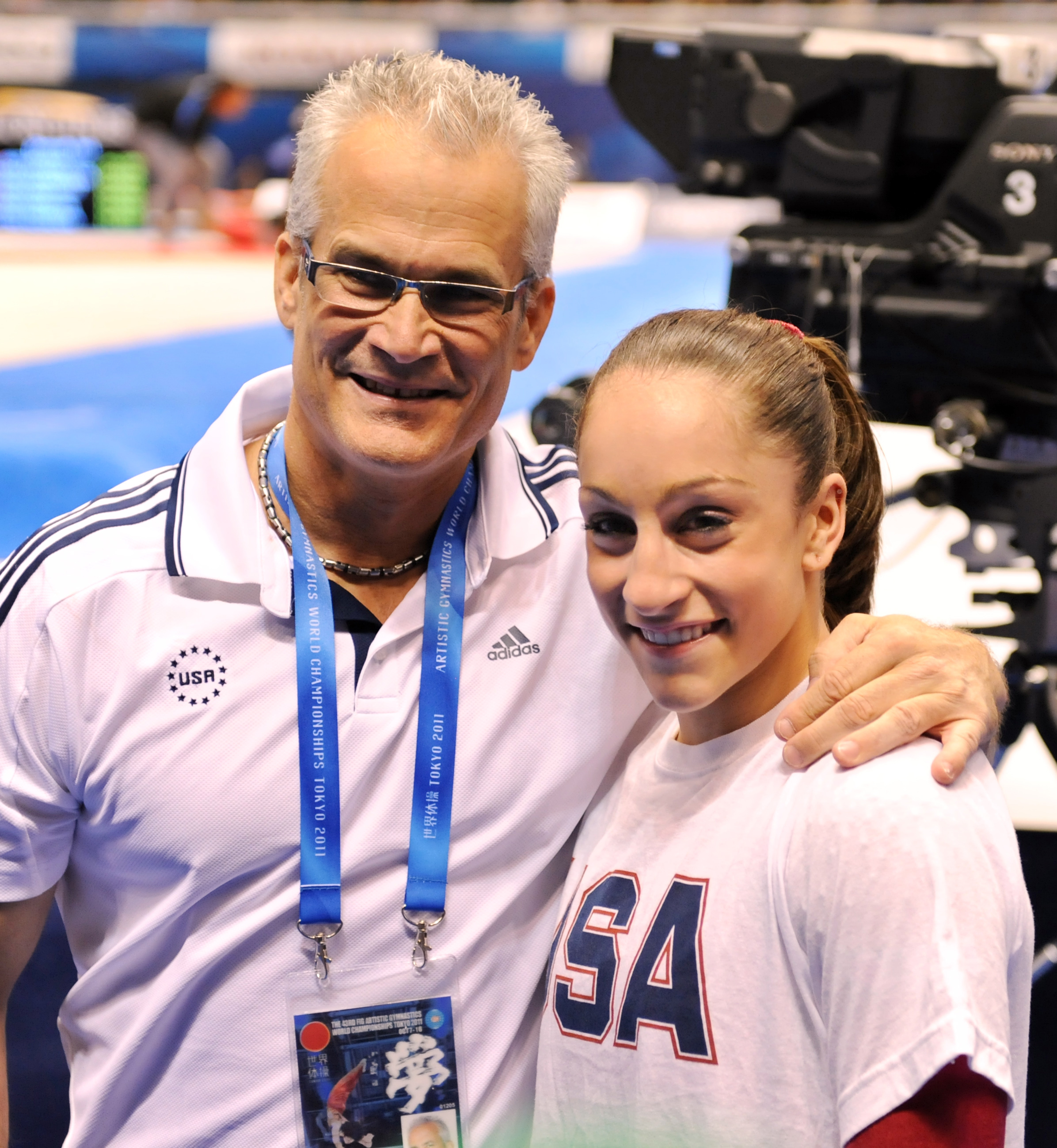 Jordyn Wieber of the US (R) celebrates her victory with her coach John Geddert in the women's all-around final at the World Gymnastics Championships in Tokyo on October 13, 2011. KAZUHIRO NOGI/AFP/Getty Images