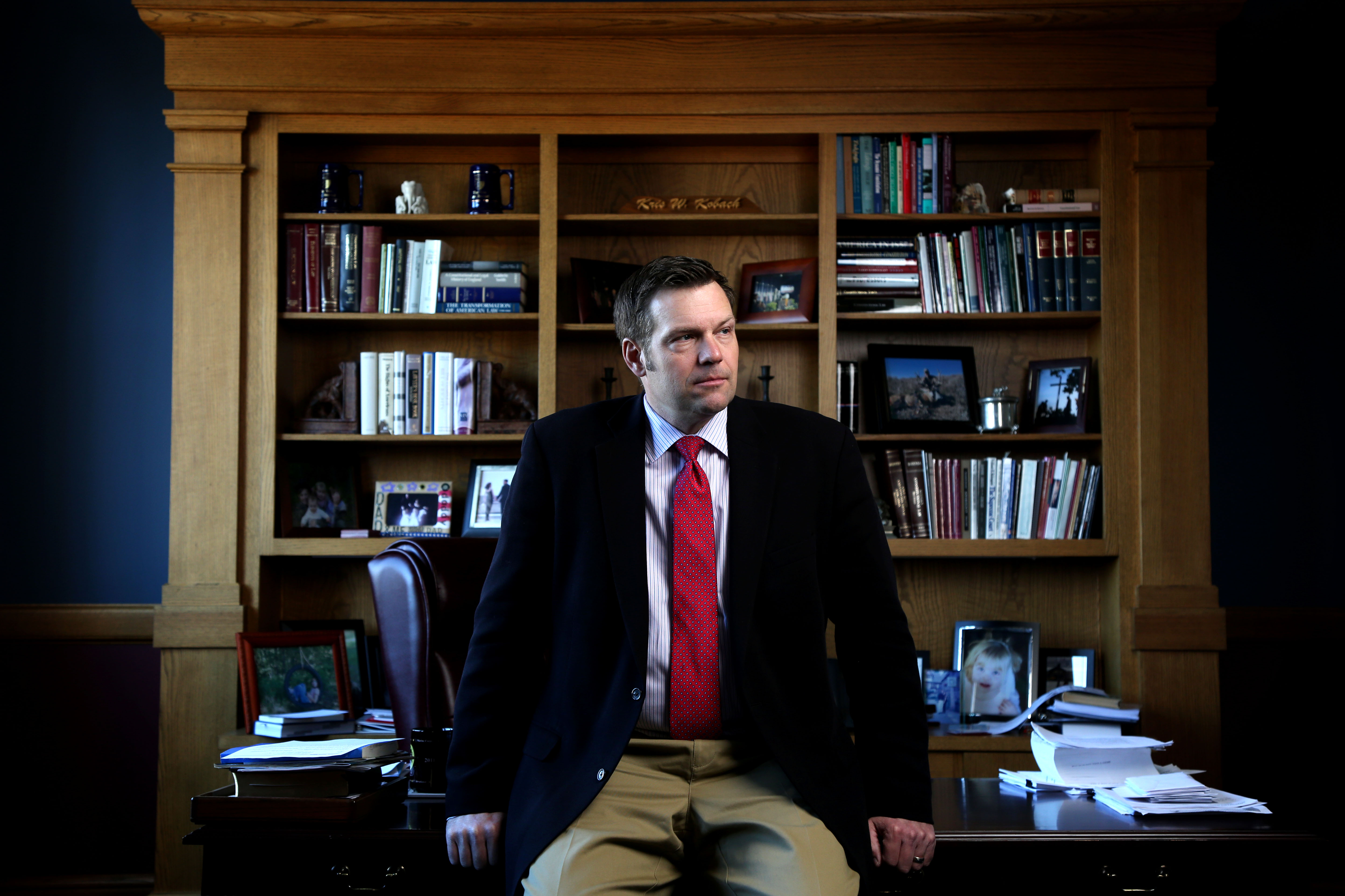 Kansas Secretary of State Kris Kobach discusses the Kansas proof of citizenship requirements for voter registration in his office in Topeka, Ks. Wednesday February 17, 2015. CREDIT: Christopher Smith/ For the Washington Post