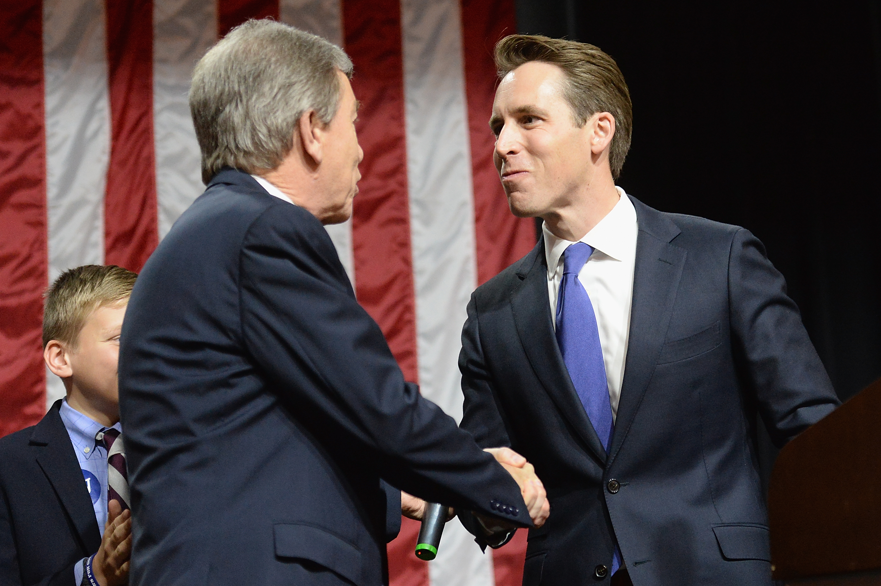 Senator Roy Blunt (R-MO) greets newly elected Missouri Attorney General Josh Hawley prior to speaking to supporters after winning his campaign for Missouri Senator on November 9, 2016 in Springfield, Missouri. CREDIT: Photo by Michael B. Thomas/Getty Images