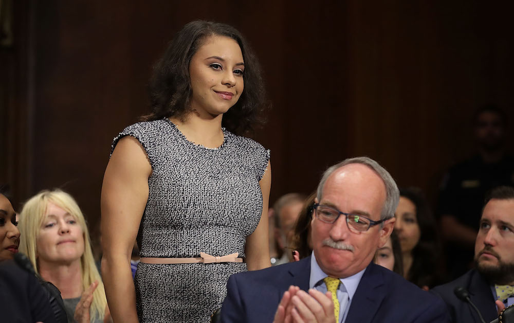 WASHINGTON, DC - MARCH 28: U.S. National Team member and 2010 National Champion on floor exercise Mattie Larson is recognized during a Senate Judiciary Committee hearing about sexual, emotional and physical abuse by USA Gymnastics officials in the Dirksen Senate Office Building on Capitol Hill March 28, 2017 in Washington, DC. The Senate is considering legislation, titled Protecting Young Athletes From Sexual Abuse, after learning that USA Gymnastics officials ignored reports of sexual abuse by adults working in the sport, including coaches and a prominent doctor, for almost 20 years. (Photo by Chip Somodevilla/Getty Images)