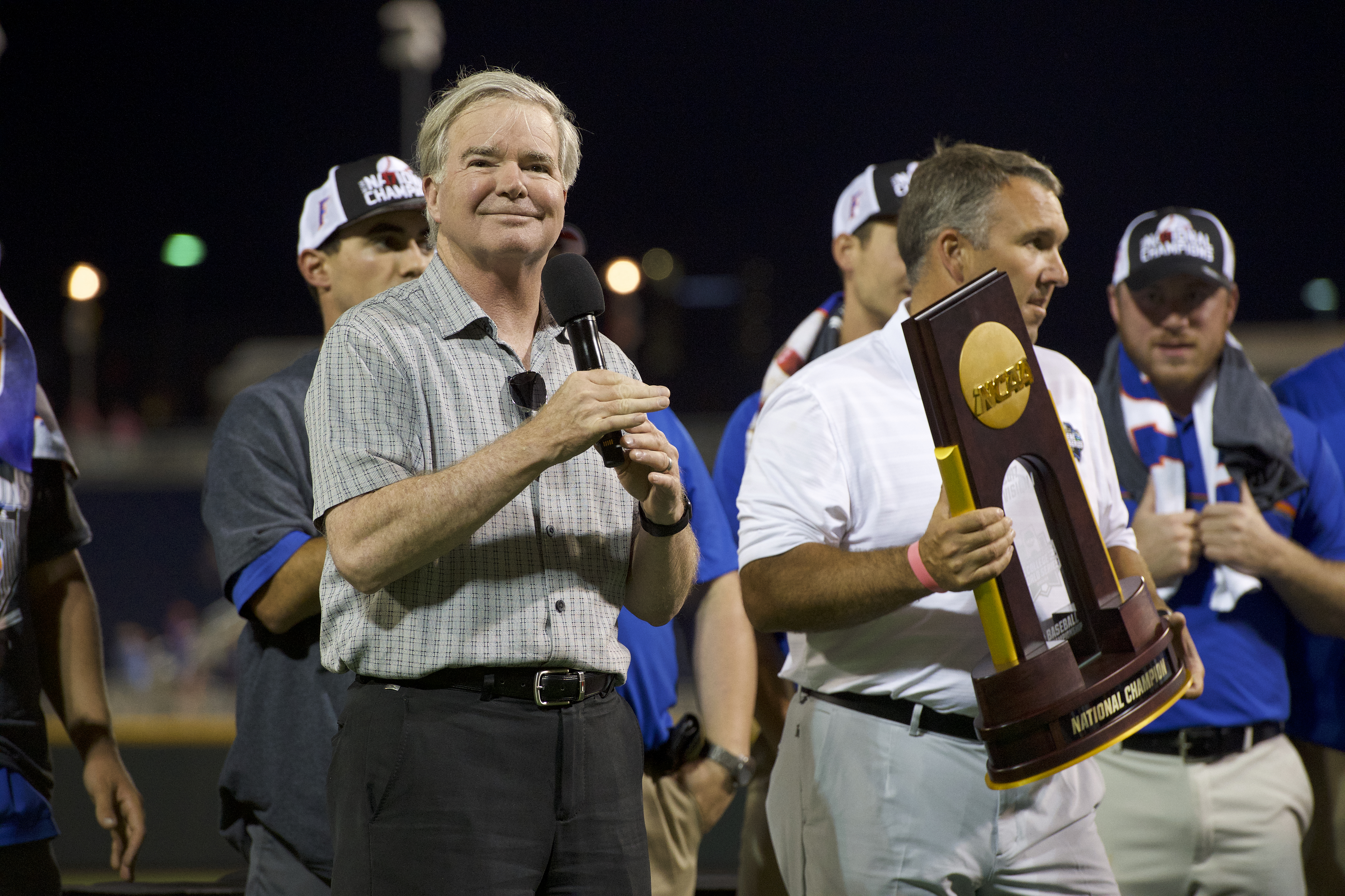 OMAHA, NE - JUNE 27: NCAA President Mark Emmert speaks during the postgame of the Division I Men's Baseball Championship held at TD Ameritrade Park on June 27, 2017 in Omaha, Nebraska. Florida defeated LSU 6-1 for the national title. (Photo by Jamie Schwaberow/NCAA Photos via Getty Images)