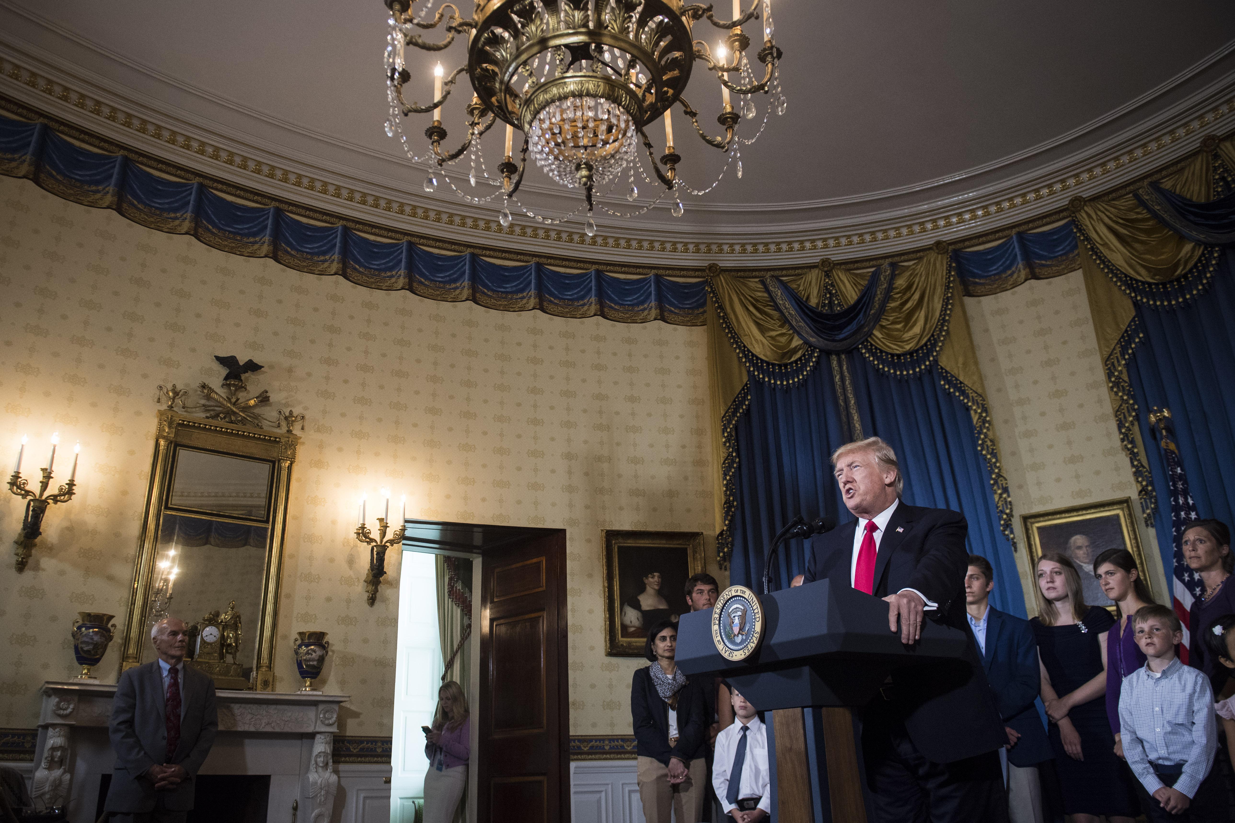 WASHINGTON, DC - JULY 24: President Donald Trump speaks at an event about healthcare in the Blue Room of the White House in Washington, DC on Monday, July 24, 2017. (Photo by Jabin Botsford/The Washington Post via Getty Images)