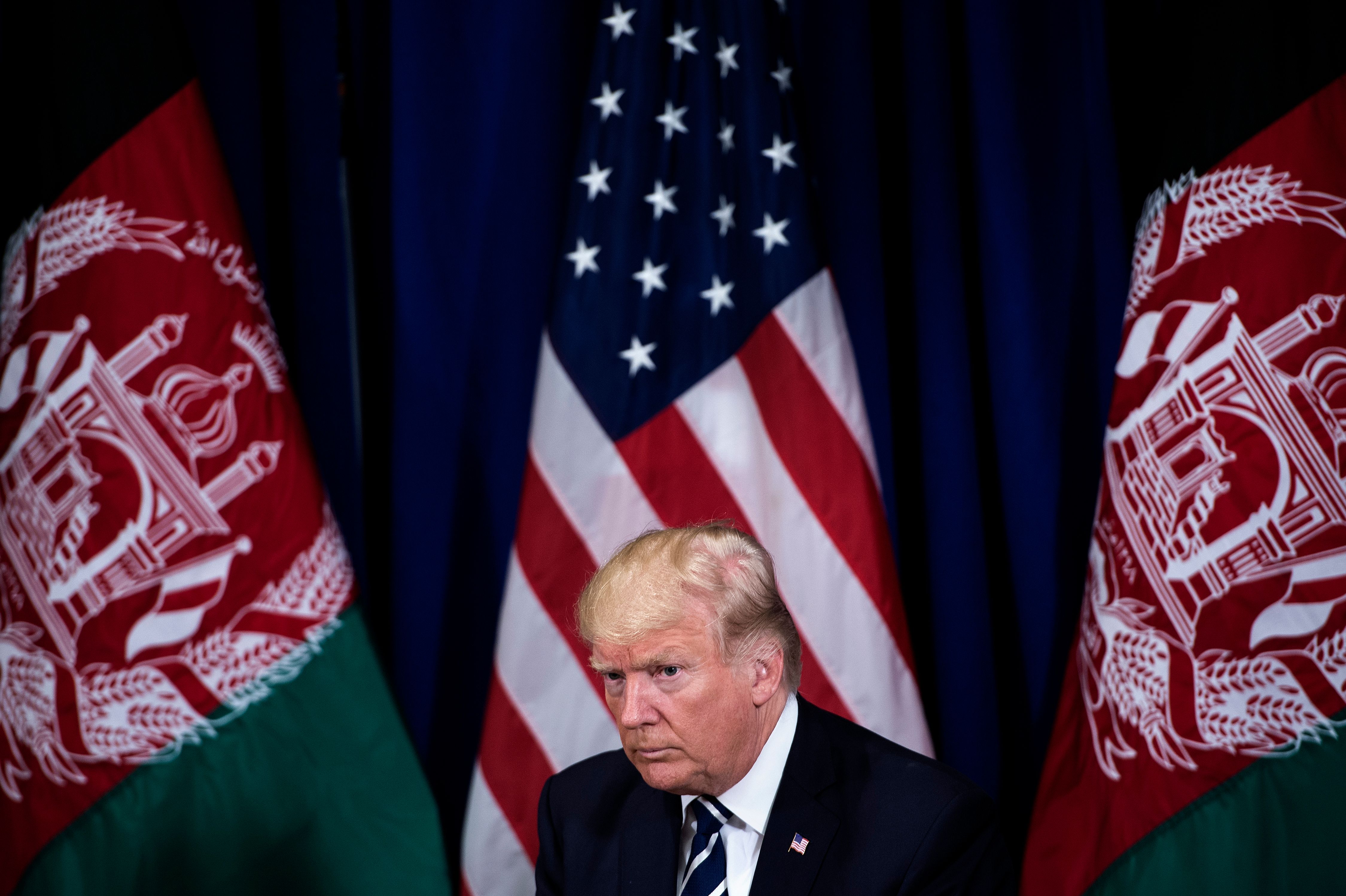 President Donald Trump waits for a meeting with Afghanistan's President Ashraf Ghani at the Palace Hotel during the 72nd United Nations General Assembly on September 21, 2017 in New York City. (Credit: BRENDAN SMIALOWSKI/AFP/Getty Images)