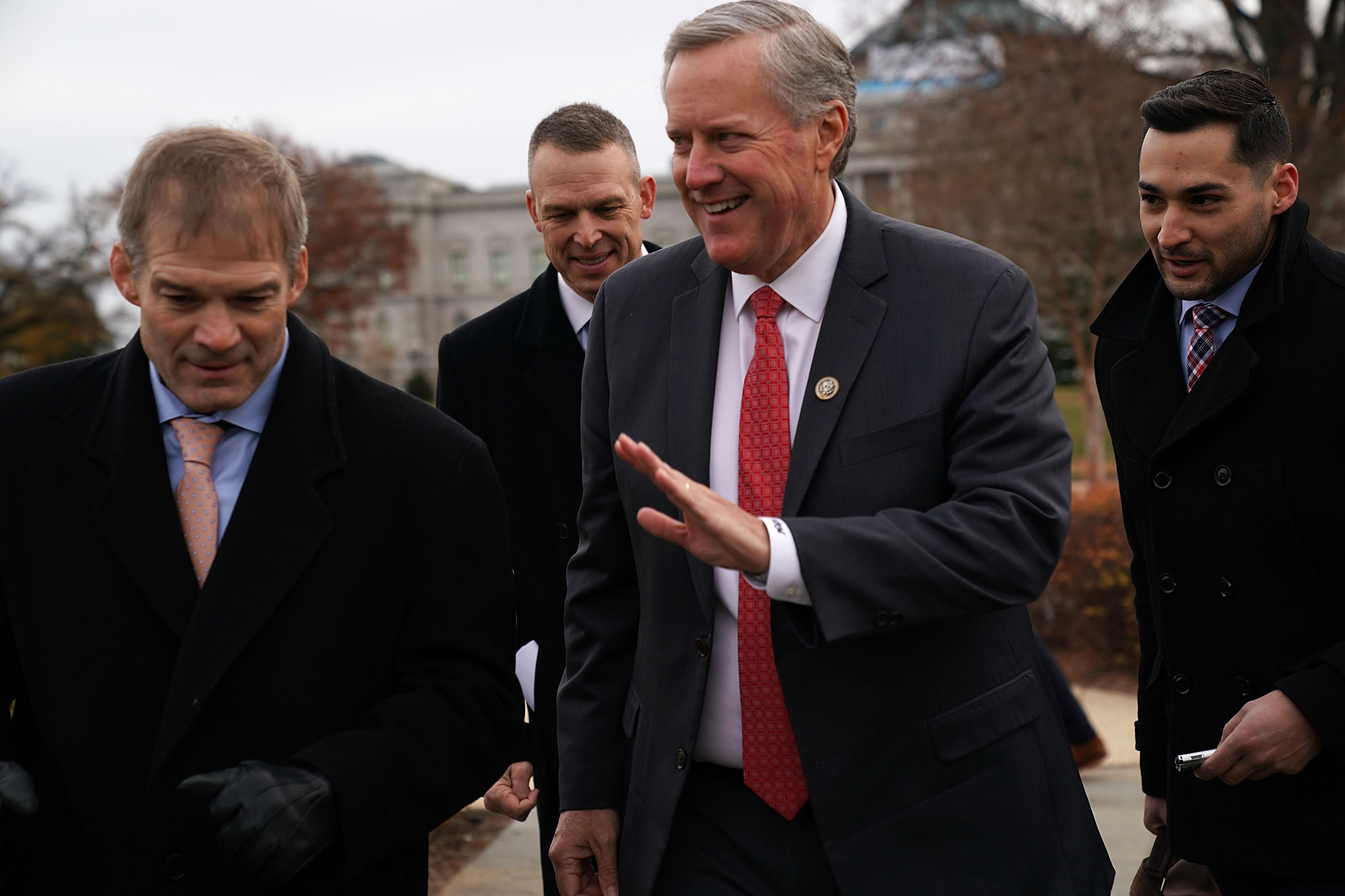 Rep. Mark Meadows (R-NC) (3rd L) leaves with Rep. Jim Jordan (R-OH) after a news conference in front of the Capitol December 6, 2017 in Washington, DC. CREDIT: Alex Wong/Getty Images